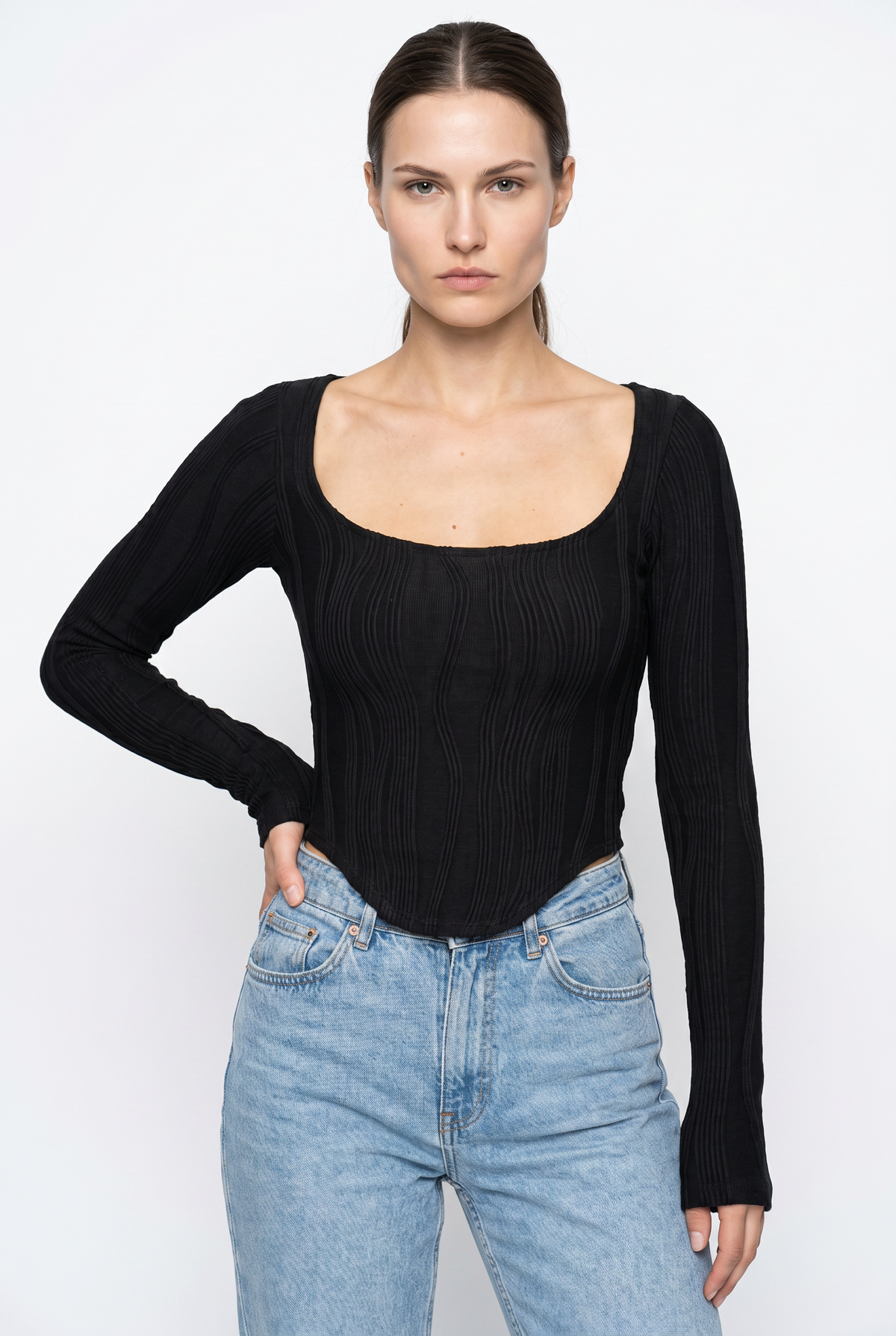 Black Ribbed Corset Long Sleeve