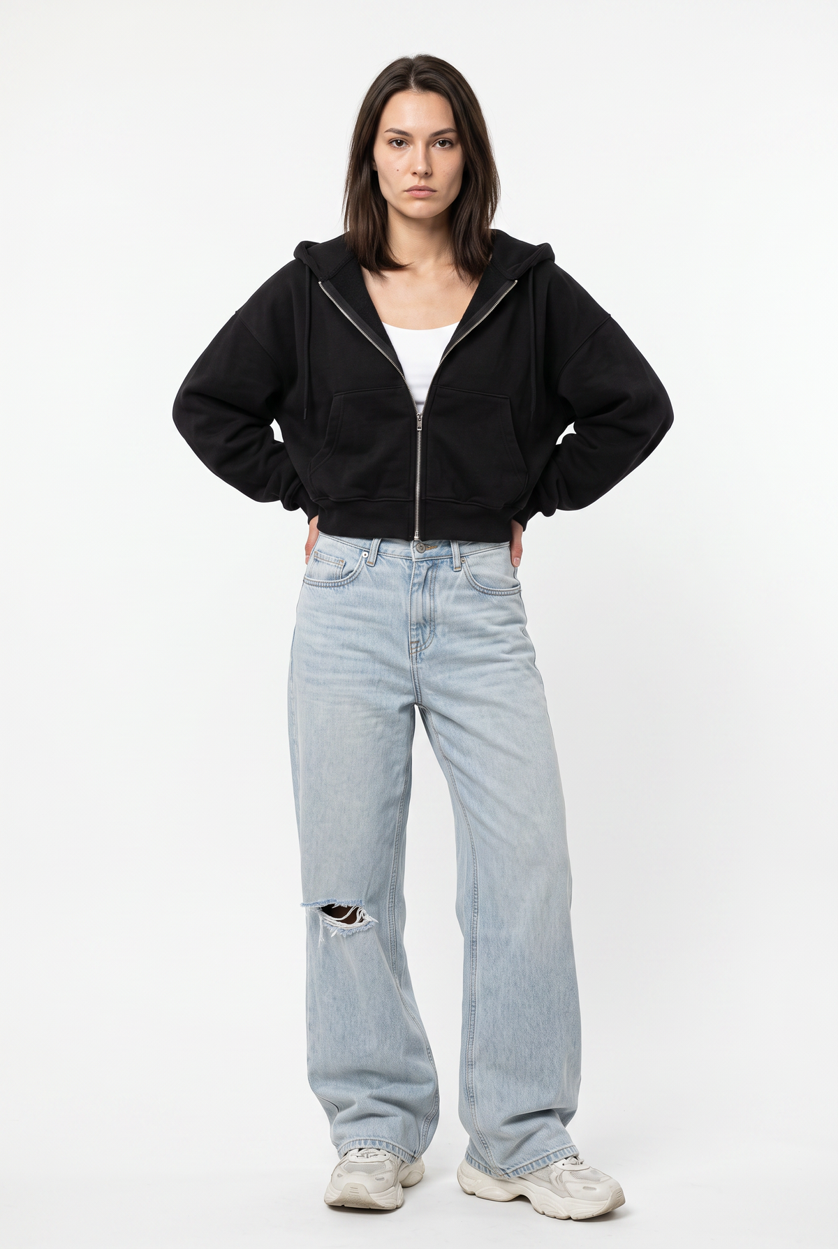 Black Cropped Cotton Zip Hoodie