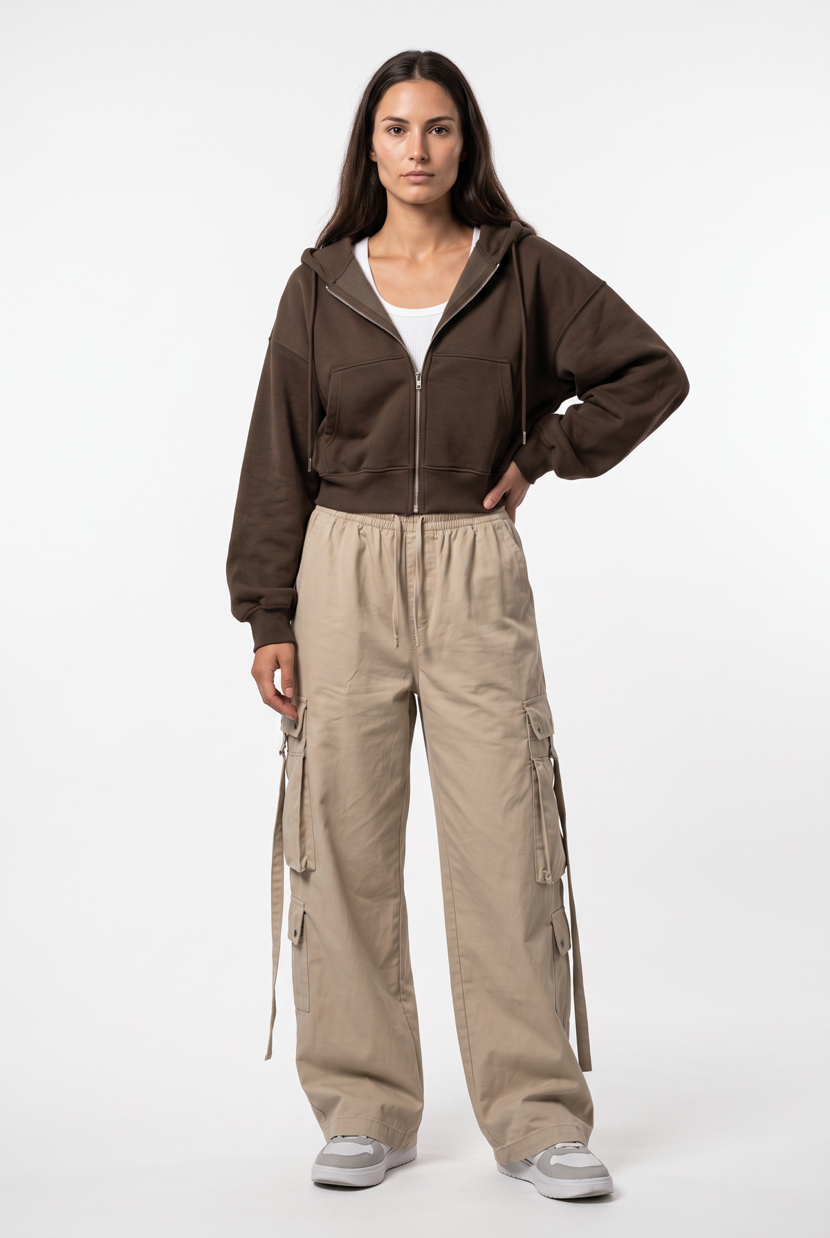 Brown Cropped Zip-Up Fleece Hoodie