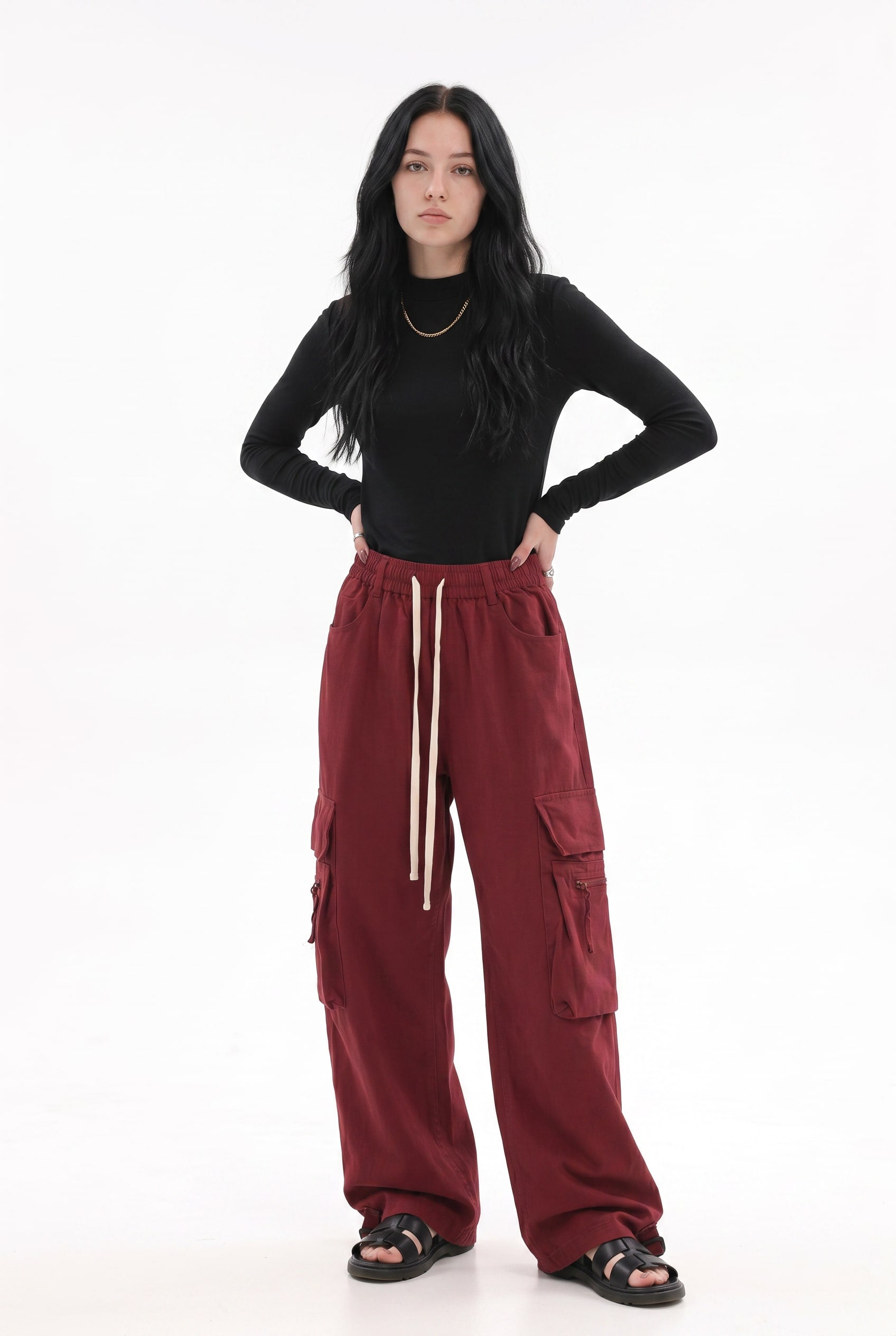 Burgundy Wide Leg Cargo Trousers