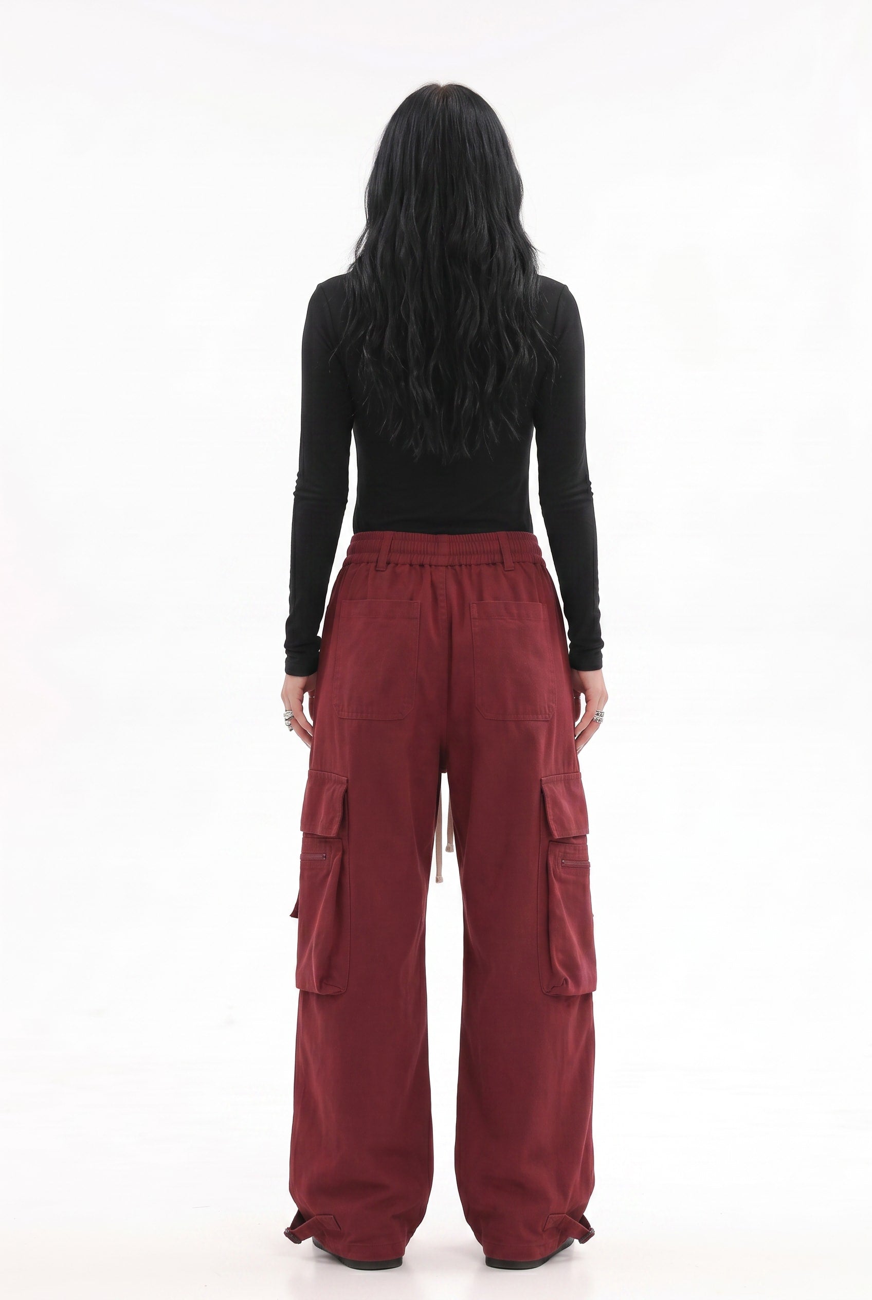 Burgundy Wide Leg Cargo Trousers