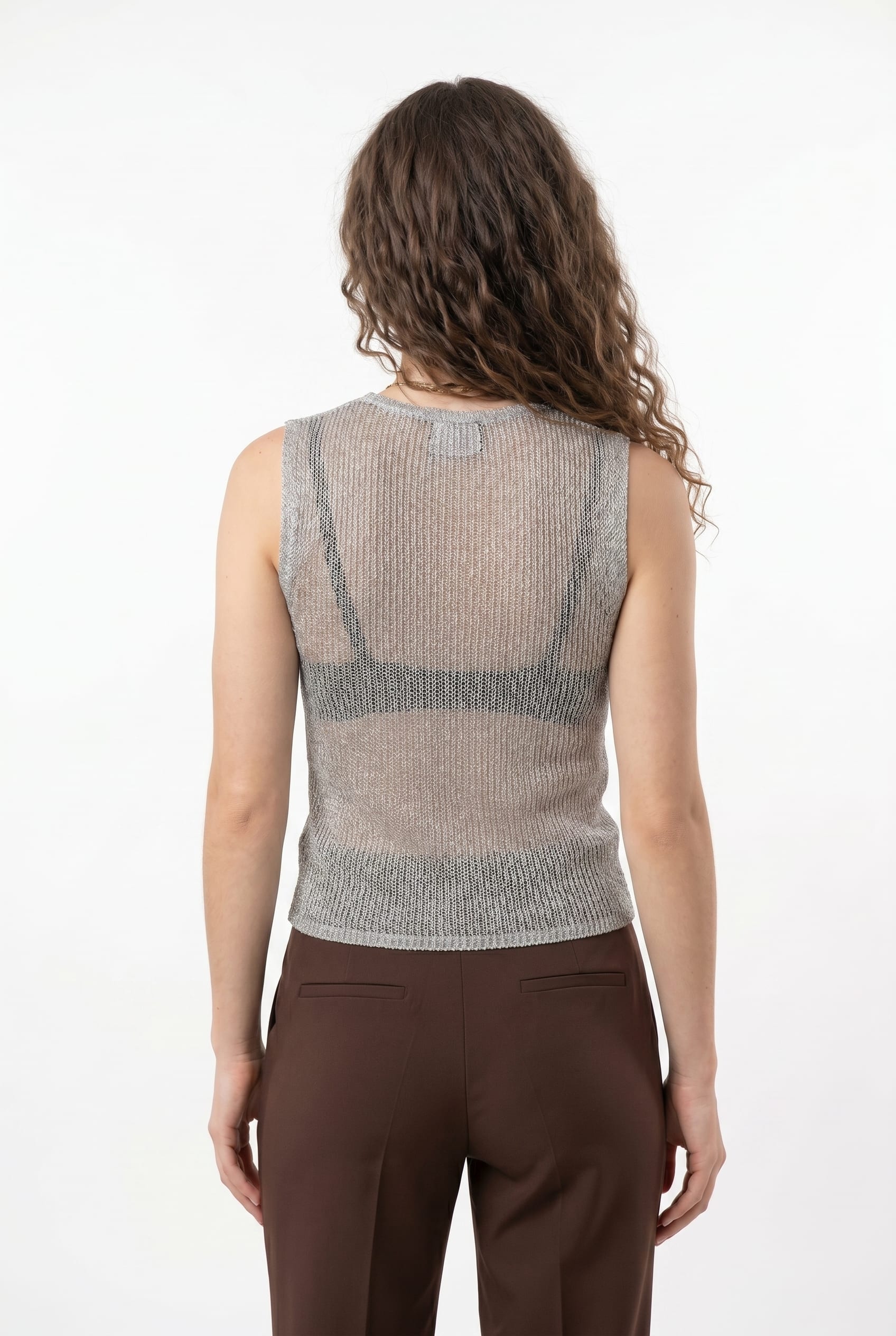 Silver Metallic Sheer Knit Tank Top