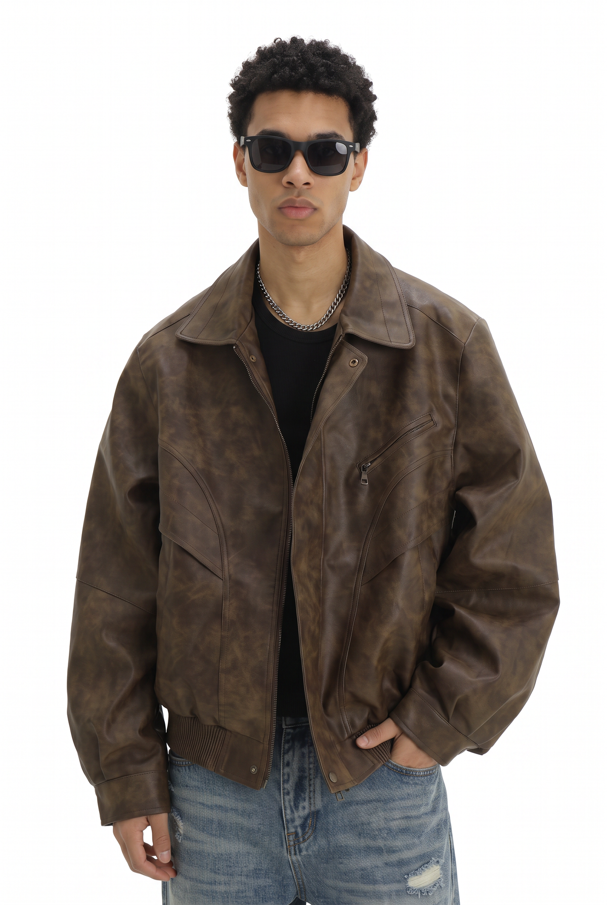 Brown Oversized Distressed Leather Jacket