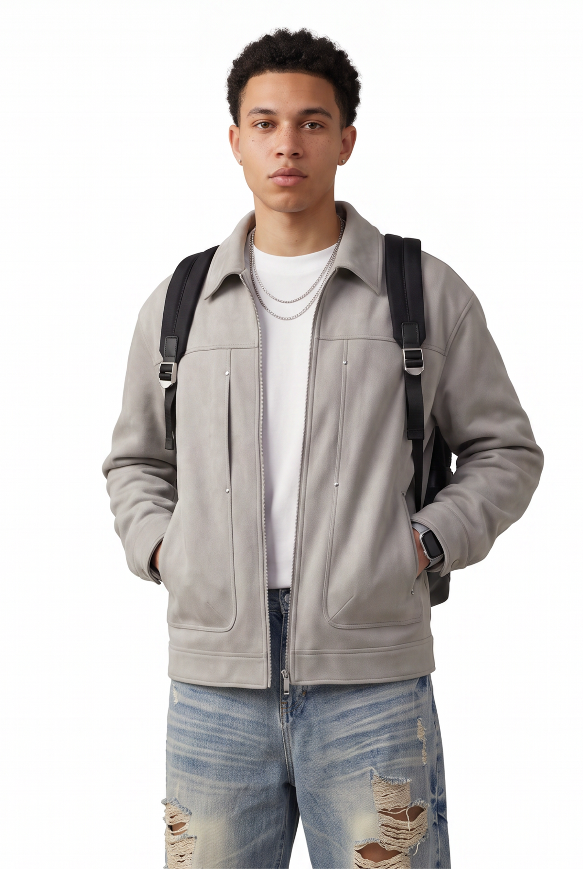Gray Oversized Suede Zip Jacket