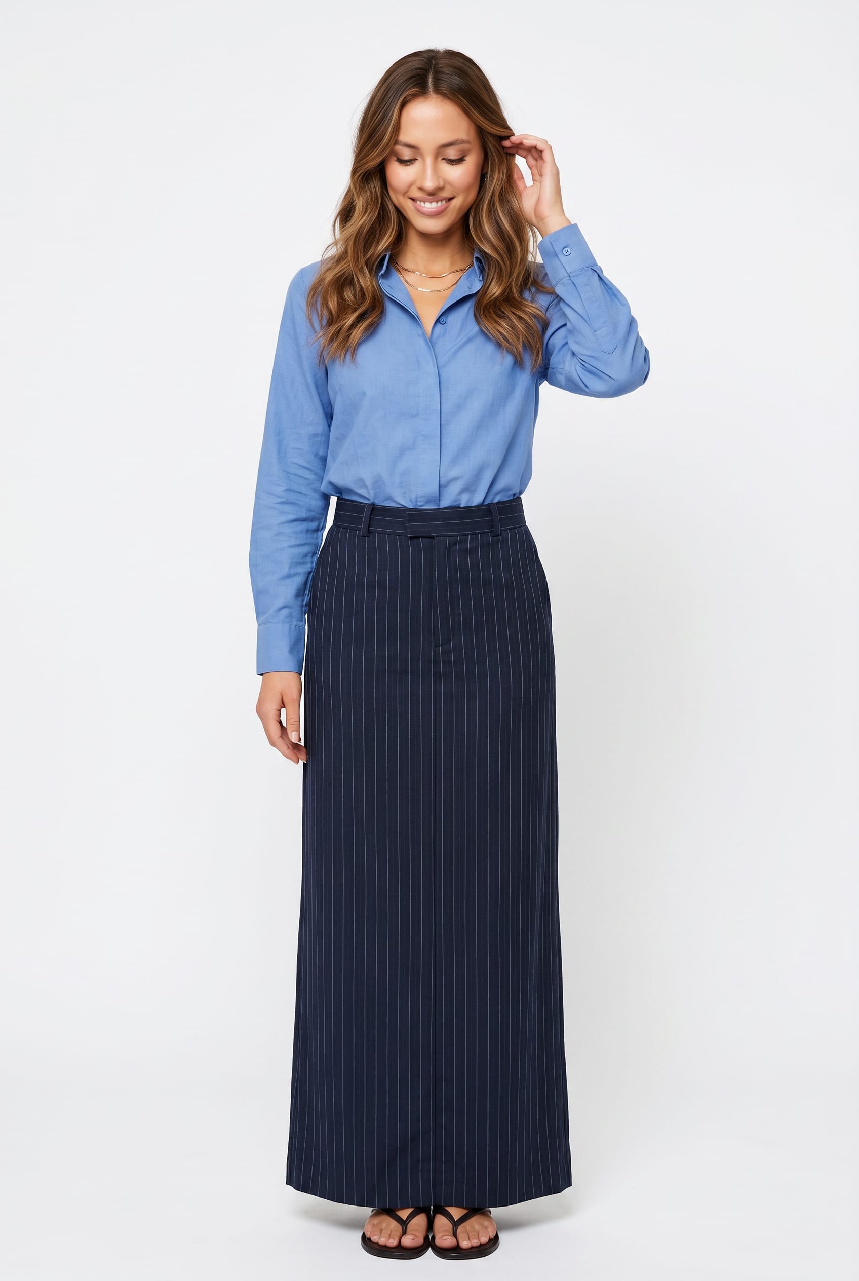 Navy Pinstripe Maxi Tailored Skirt