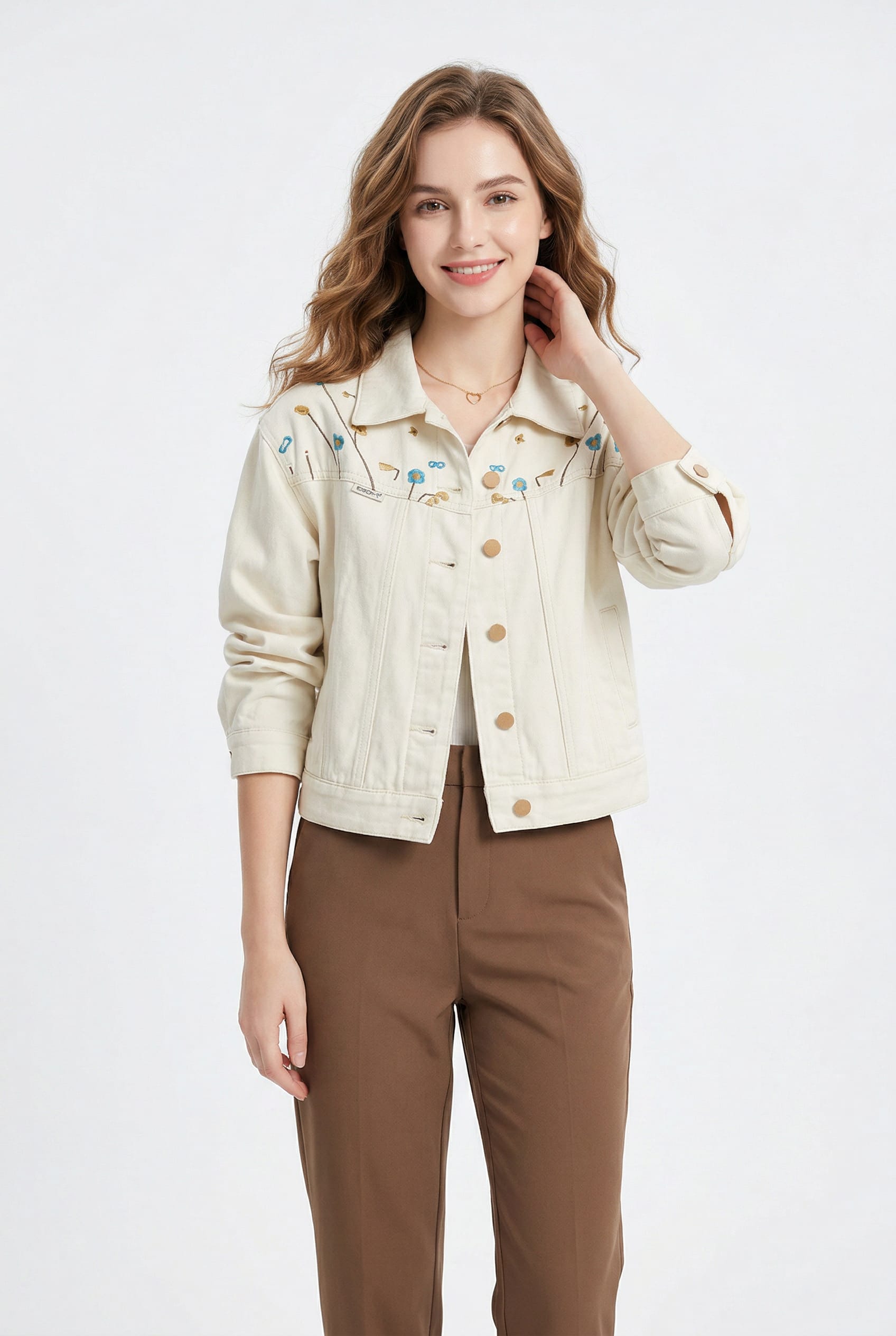 Cream Denim Embroidered Mushroom Jacket