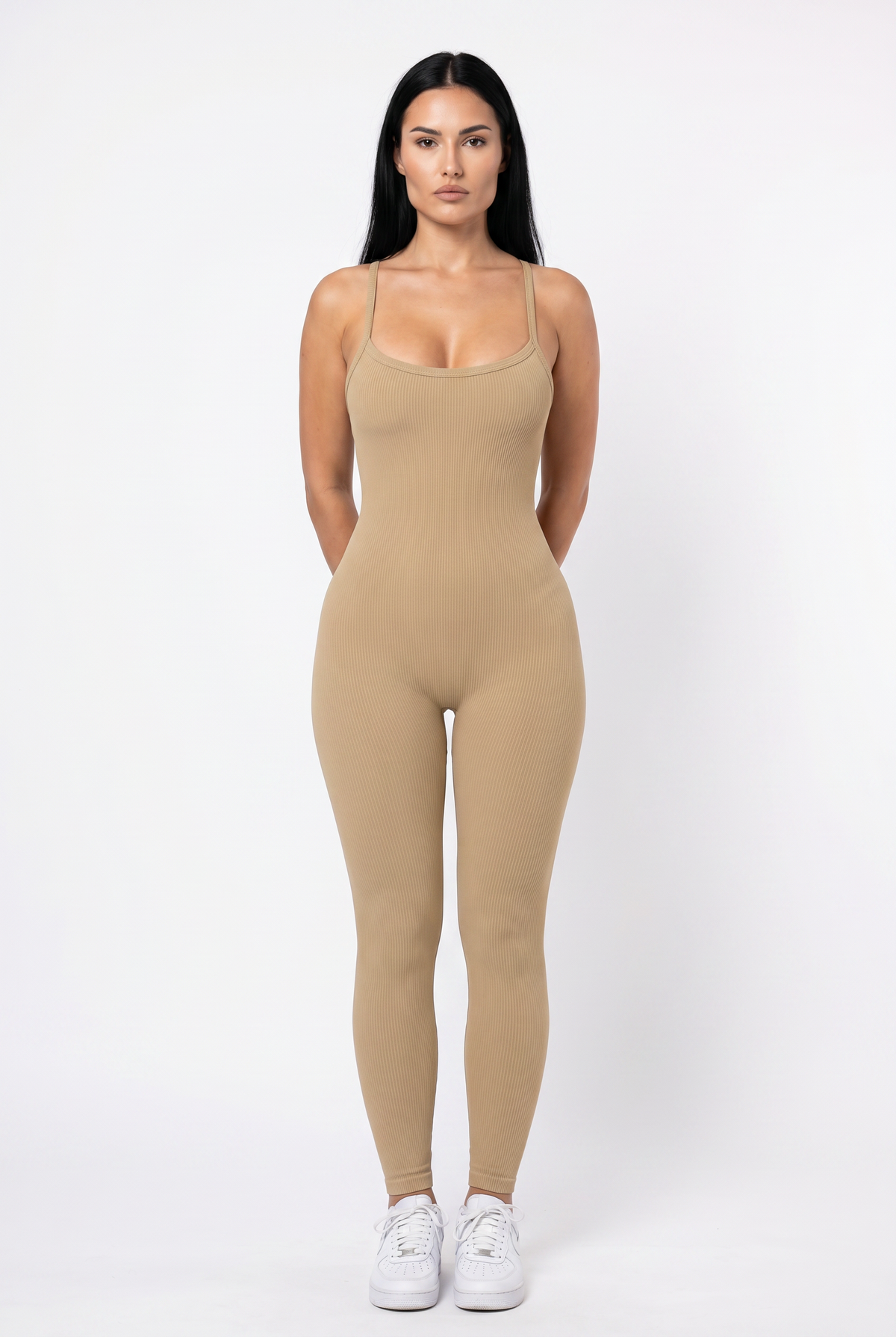 Beige Ribbed Seamless Active Jumpsuit