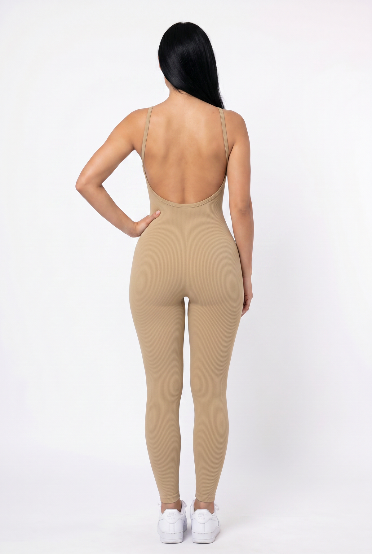 Beige Ribbed Seamless Active Jumpsuit
