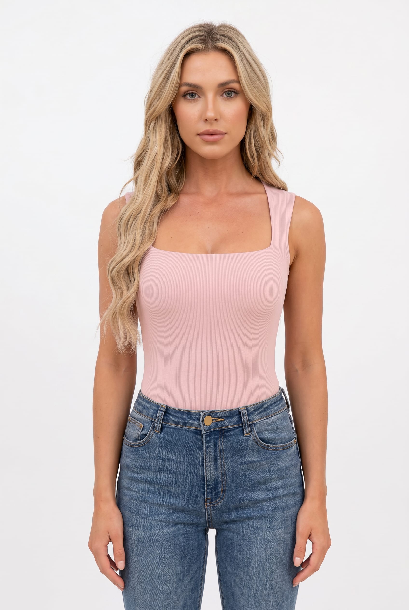 Blush Pink Ribbed Square Neck Bodysuit