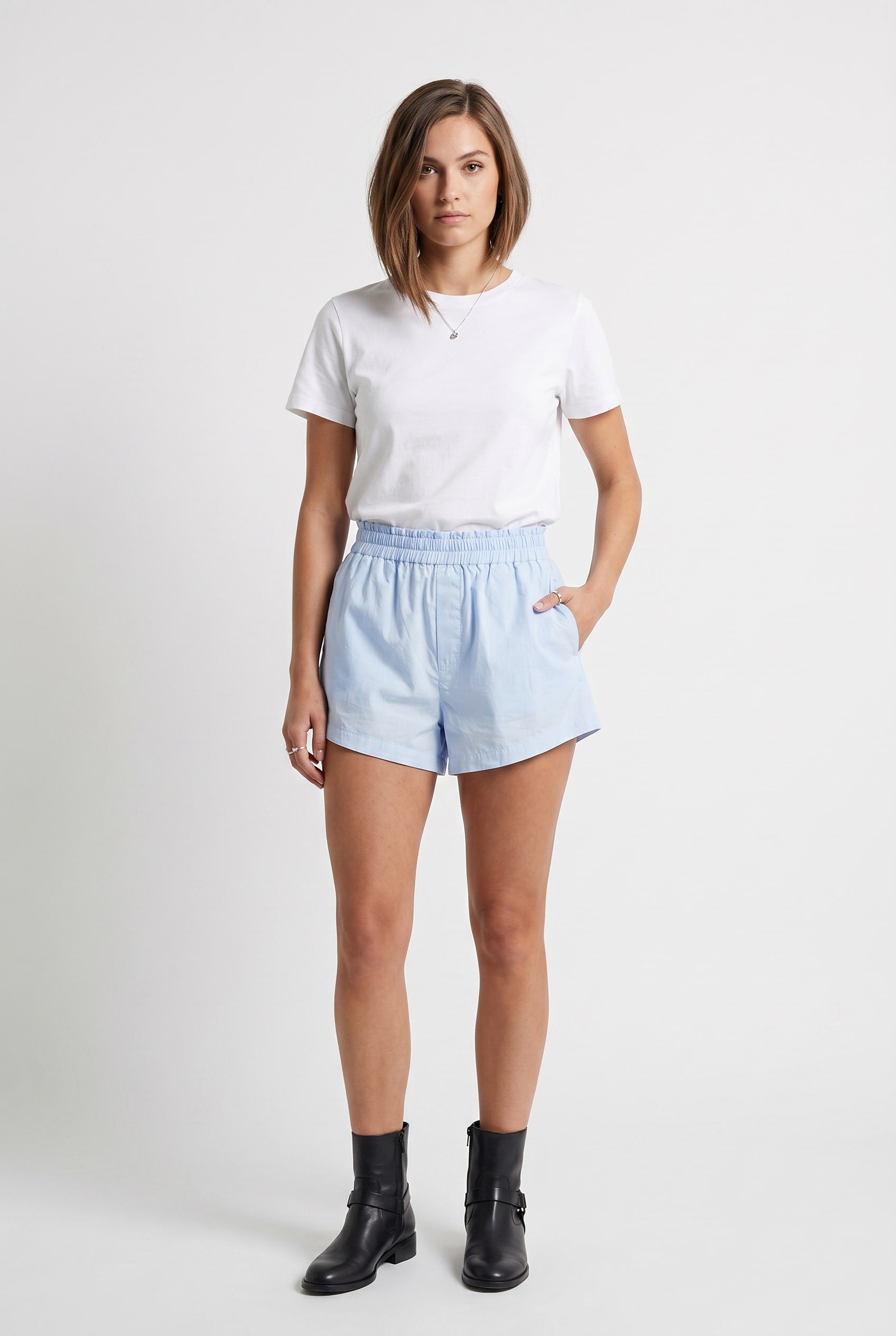 Light Blue Cotton Elasticated Waist Shorts