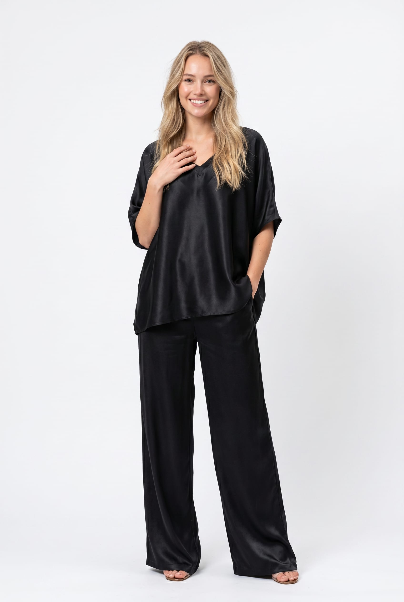 Black Satin Oversized Top Wide-Leg Set