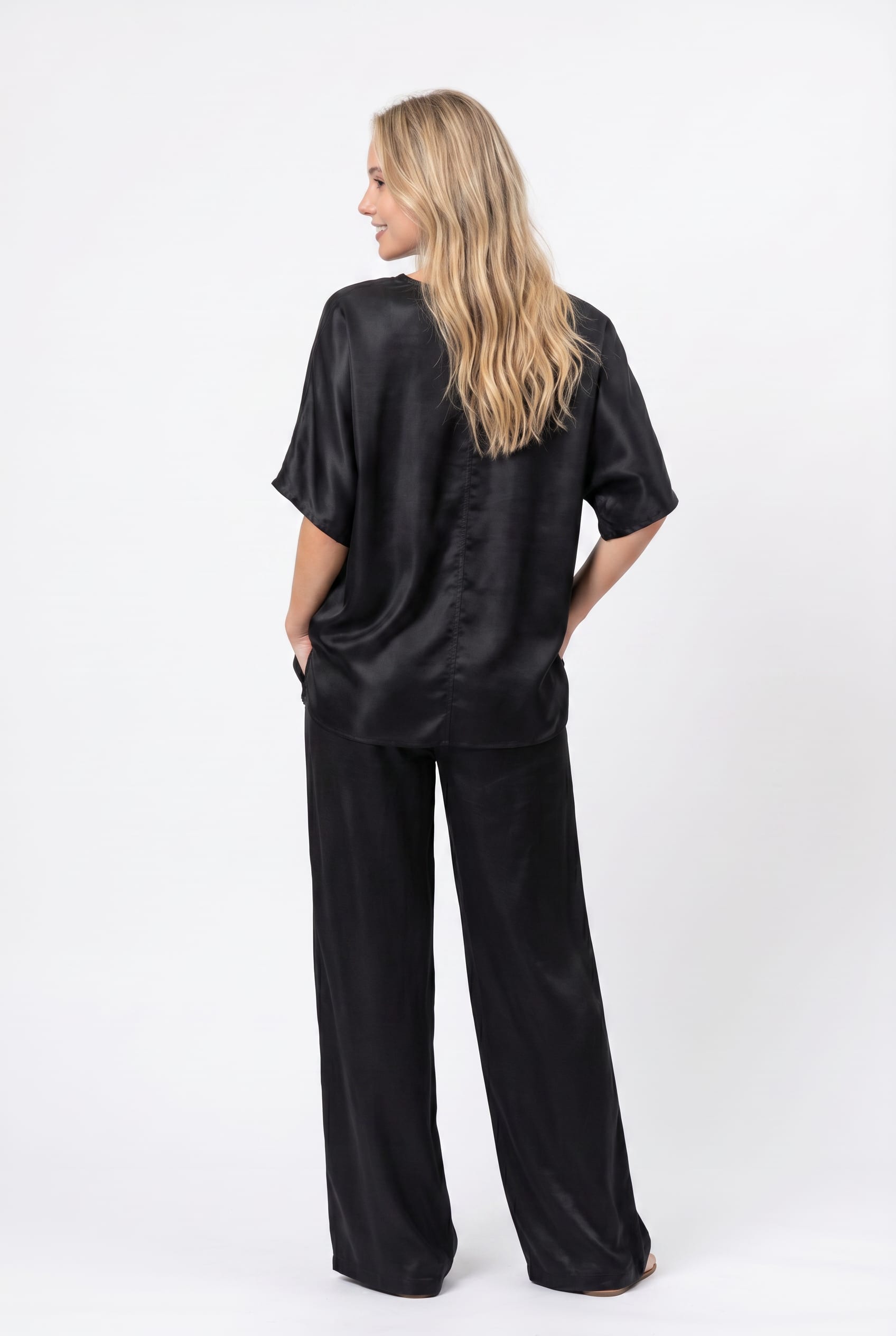 Black Satin Oversized Top Wide-Leg Set