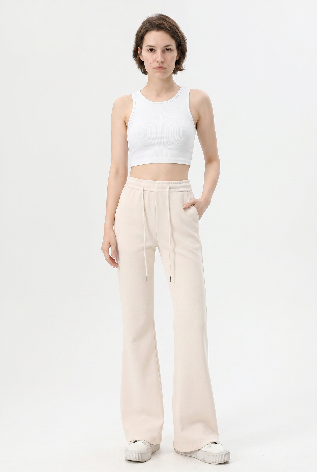 Beige Wide Leg Cotton Pants