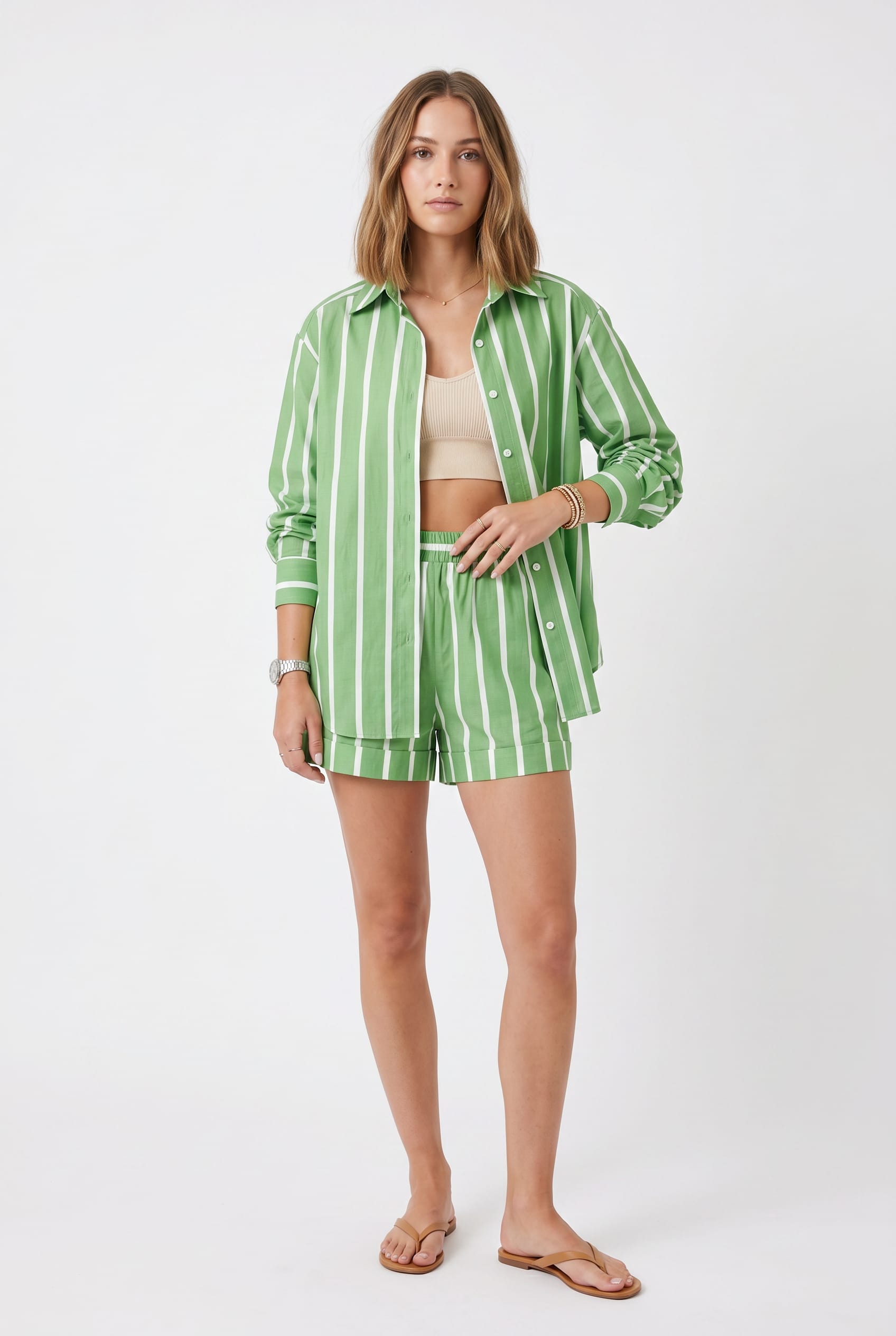 Sage Green Striped Matching Shirt Set