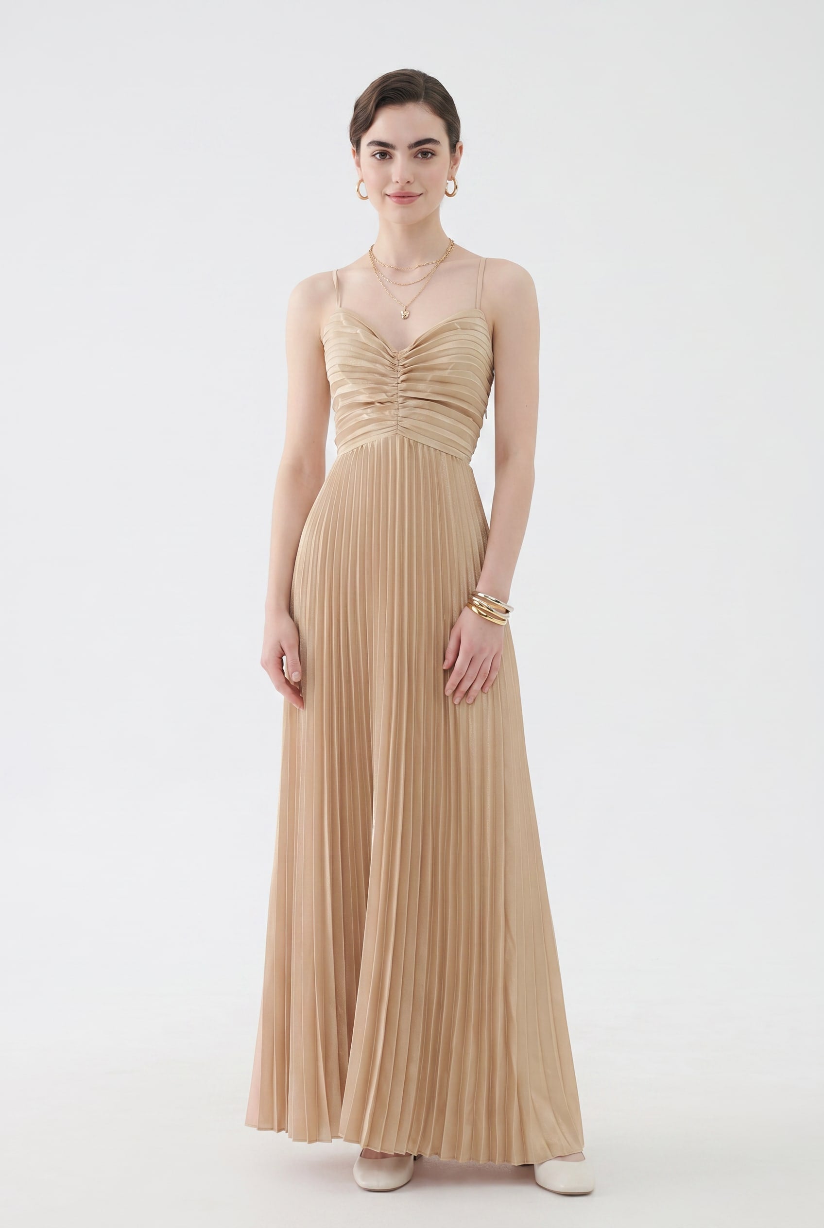 Champagne Pleated Ruched Maxi Dress