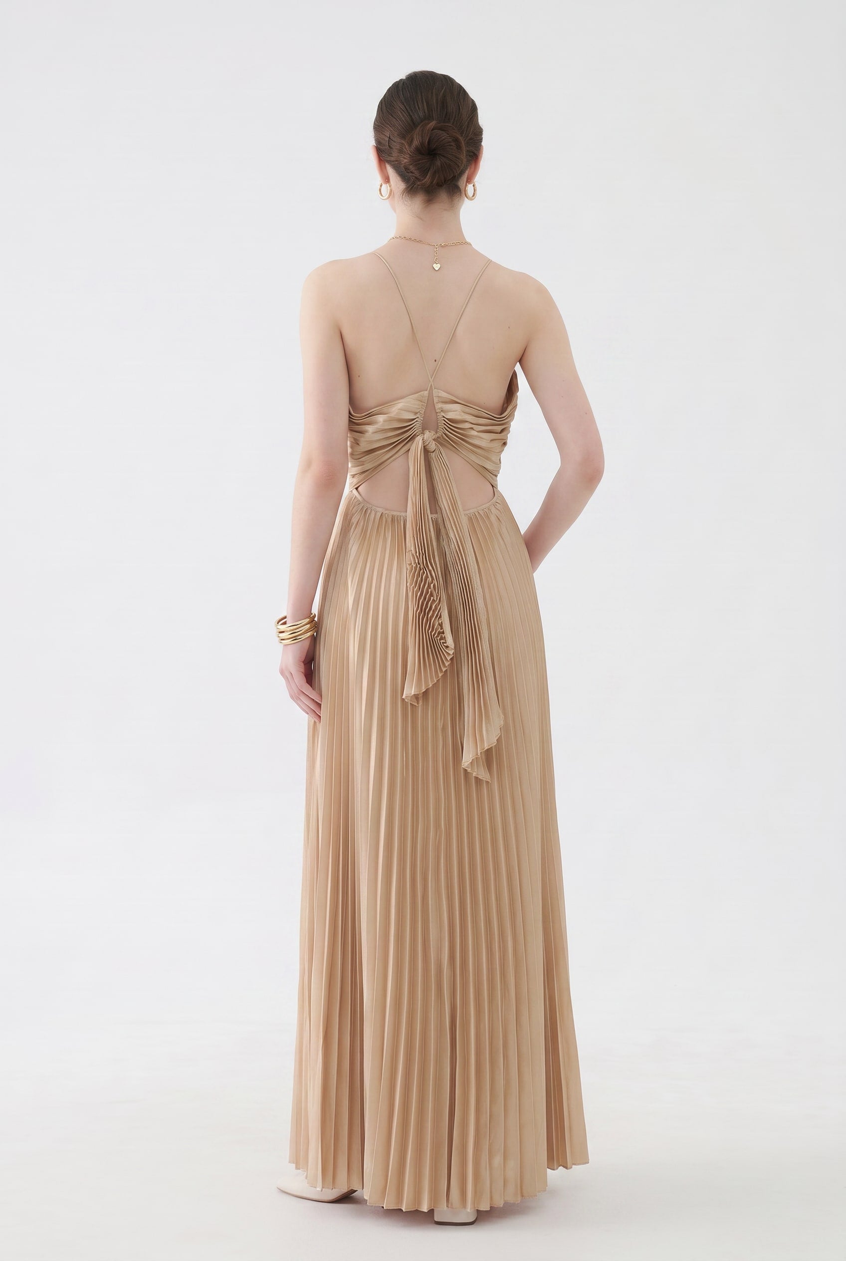 Champagne Pleated Ruched Maxi Dress