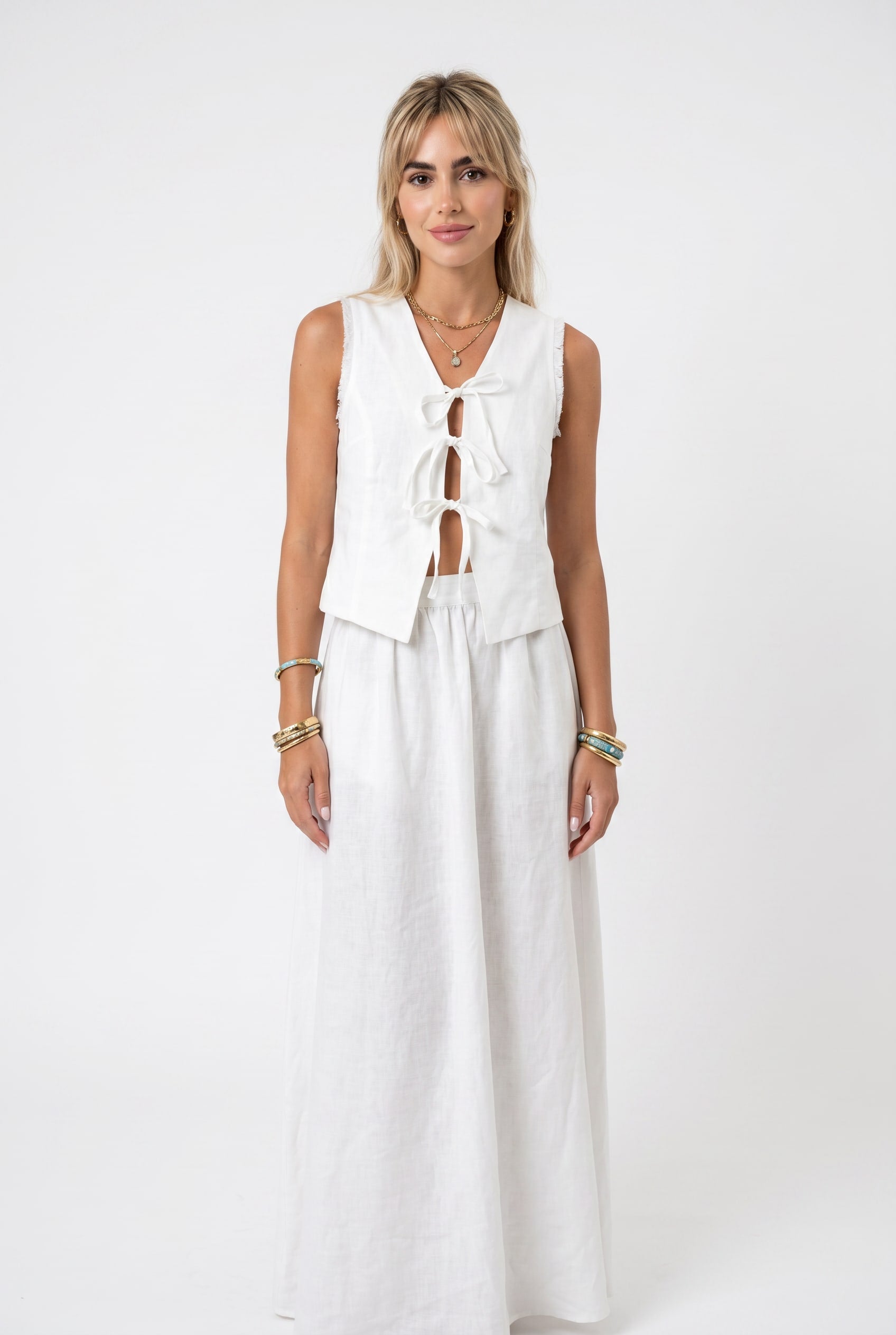 White Tie-Front Top Wide-Leg Set