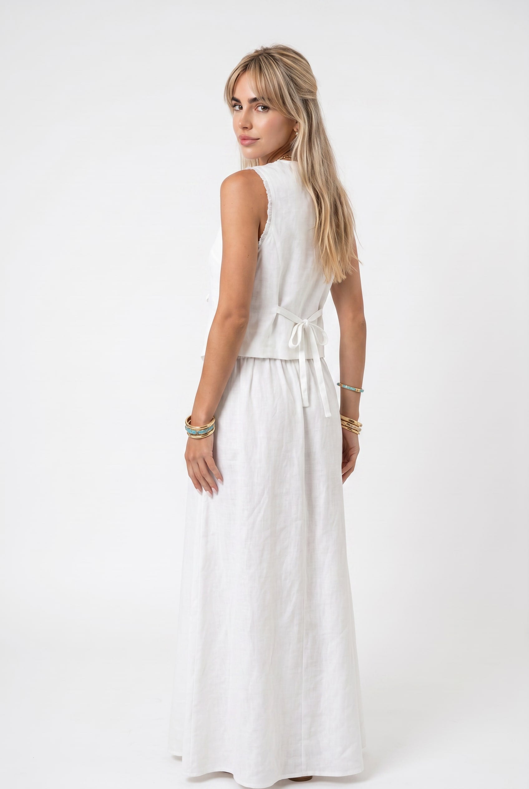White Tie-Front Top Wide-Leg Set
