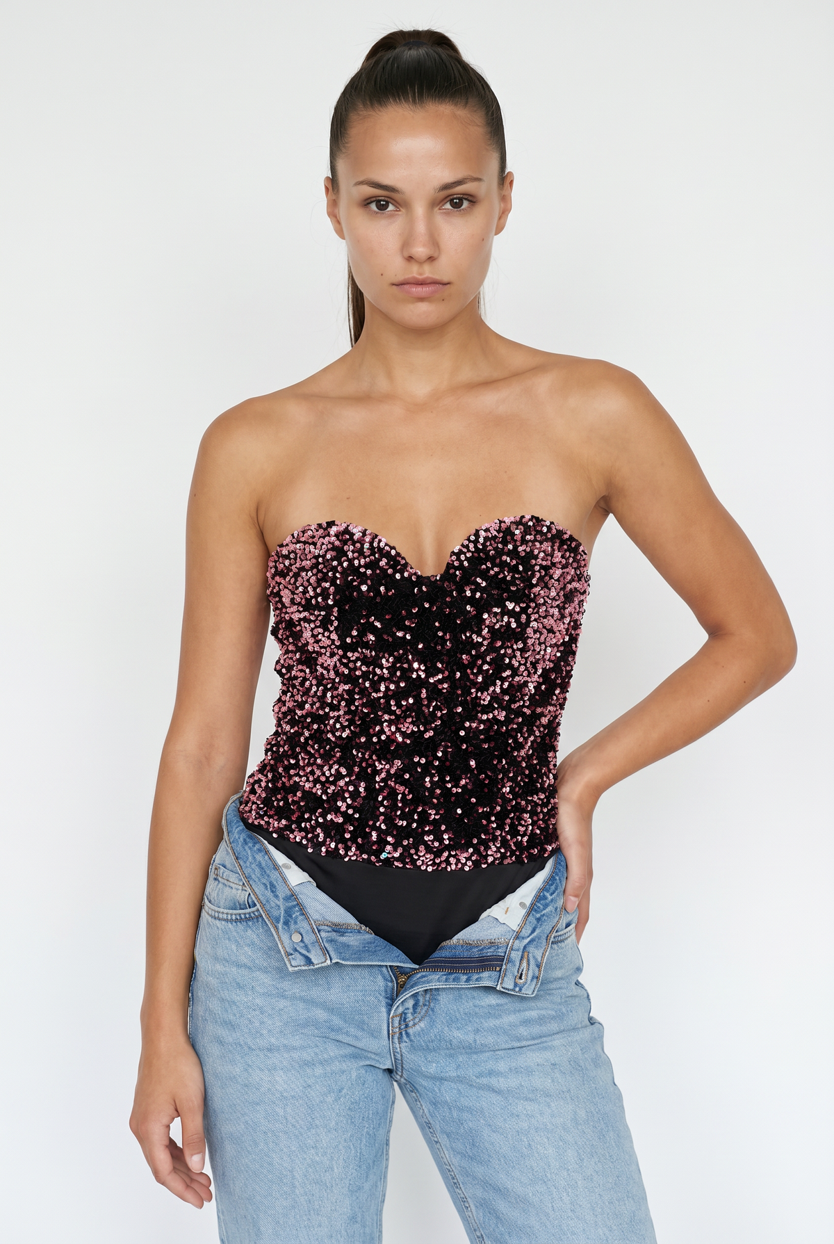 Pink Black Sequin Strapless Bodysuit