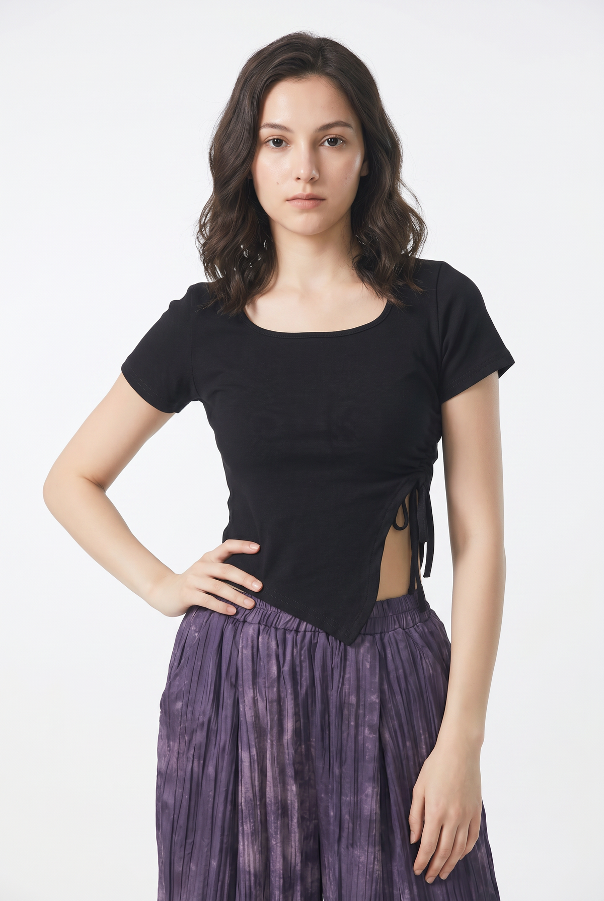 Black Ruched Asymmetric Crop Top