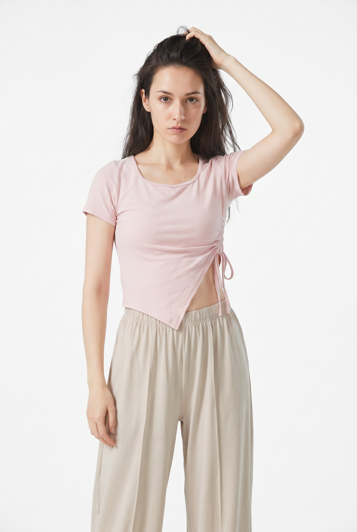 Pink Asymmetric Ruched Cotton Top