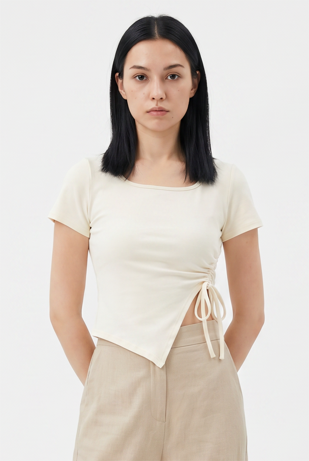 Cream Ruched Asymmetric Crop Shirt