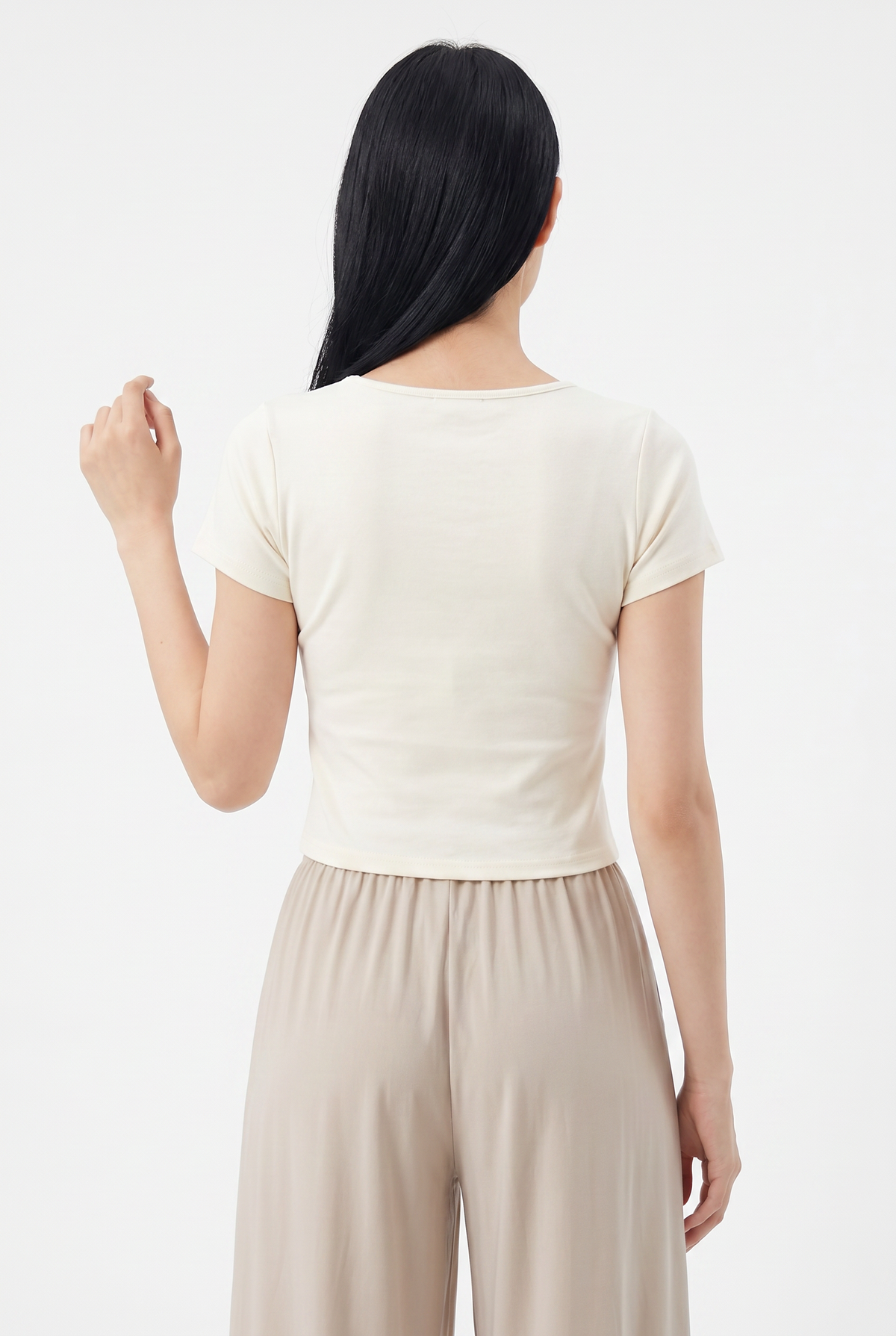 Cream Ruched Asymmetric Crop Shirt