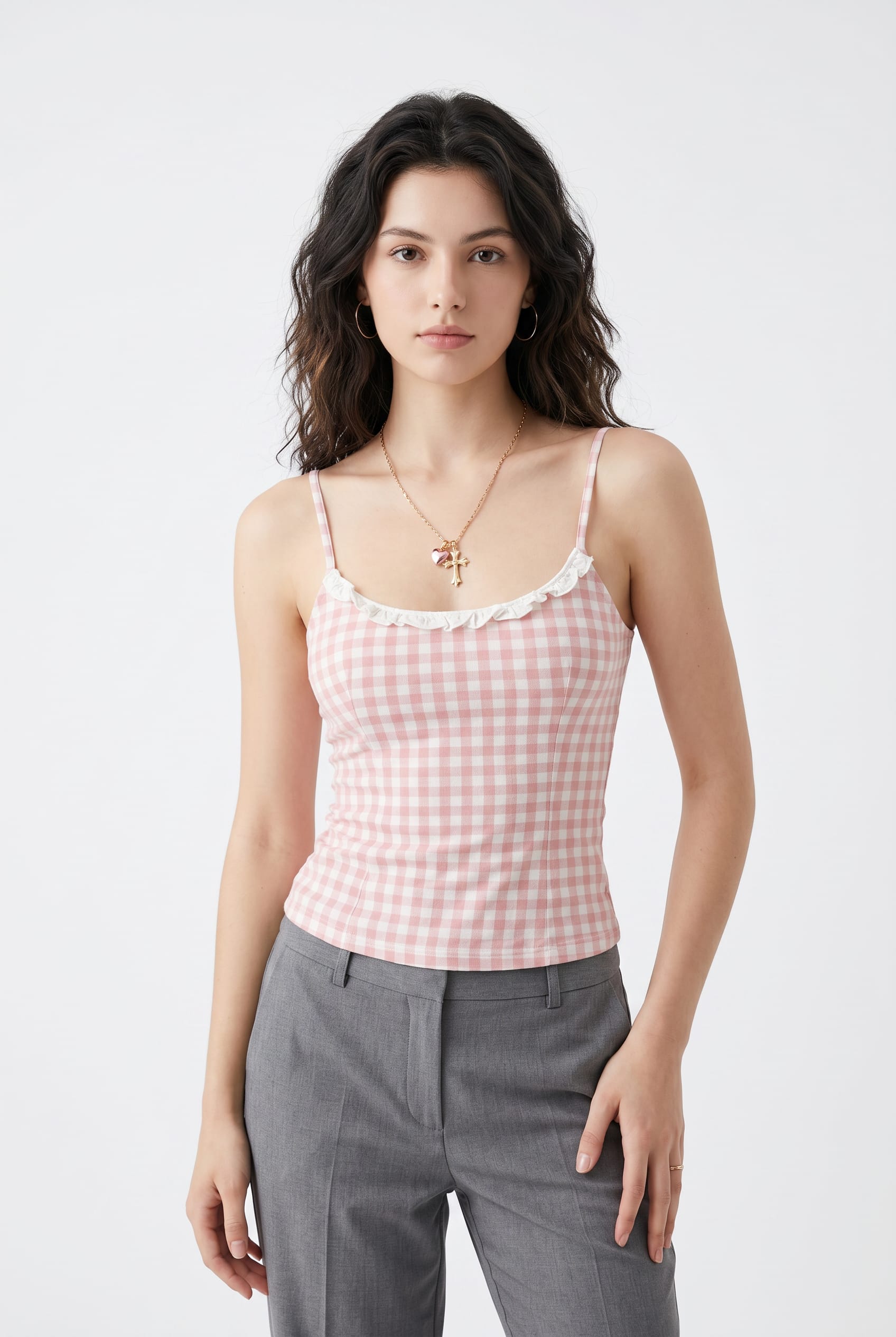 Pink Gingham Ruffle Trim Tank Top