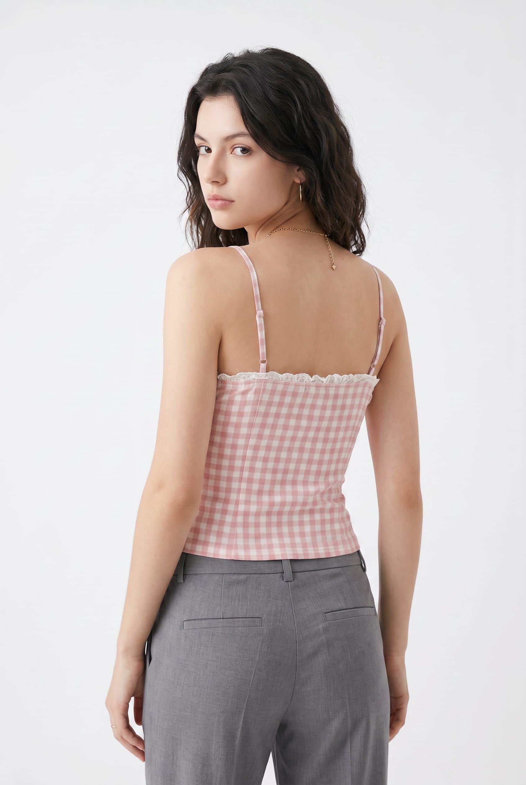 Pink Gingham Ruffle Trim Tank Top