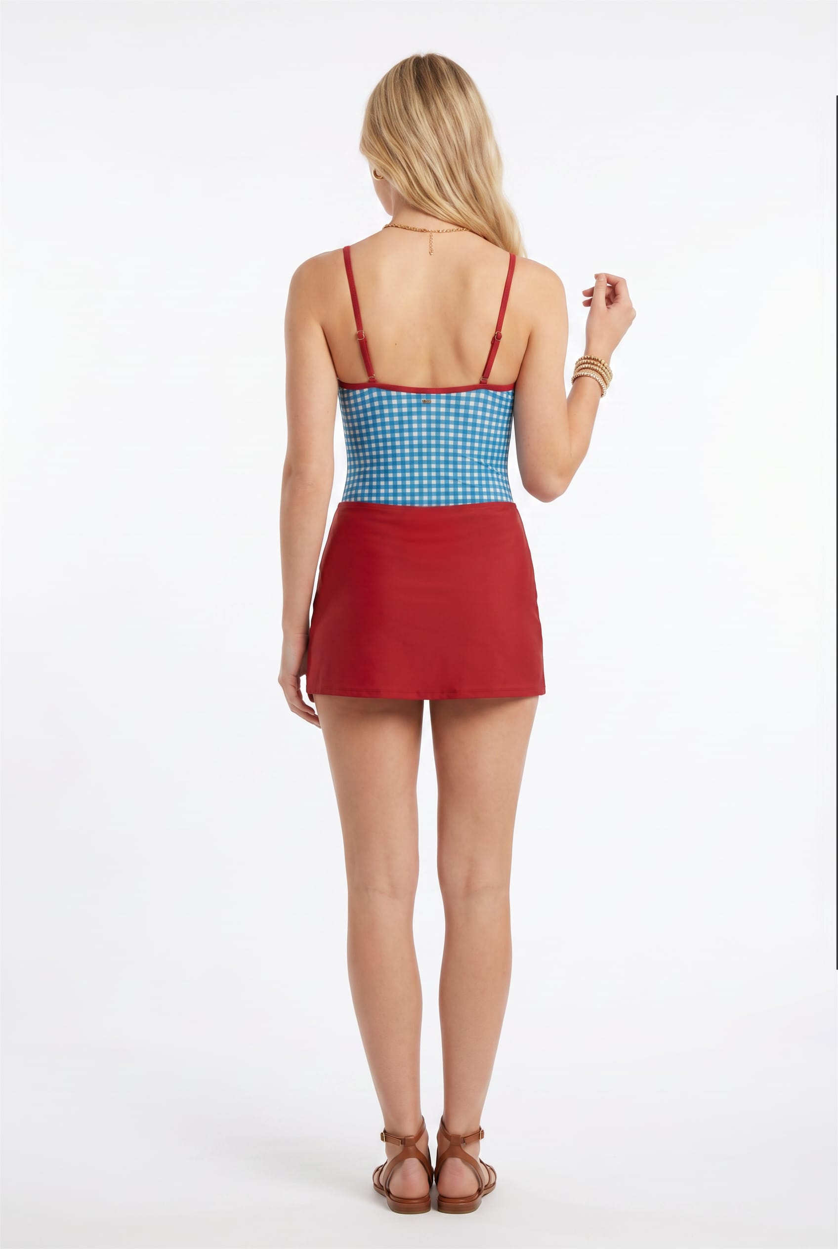 Gingham Contrast Trim Swimsuit Skirt Set
