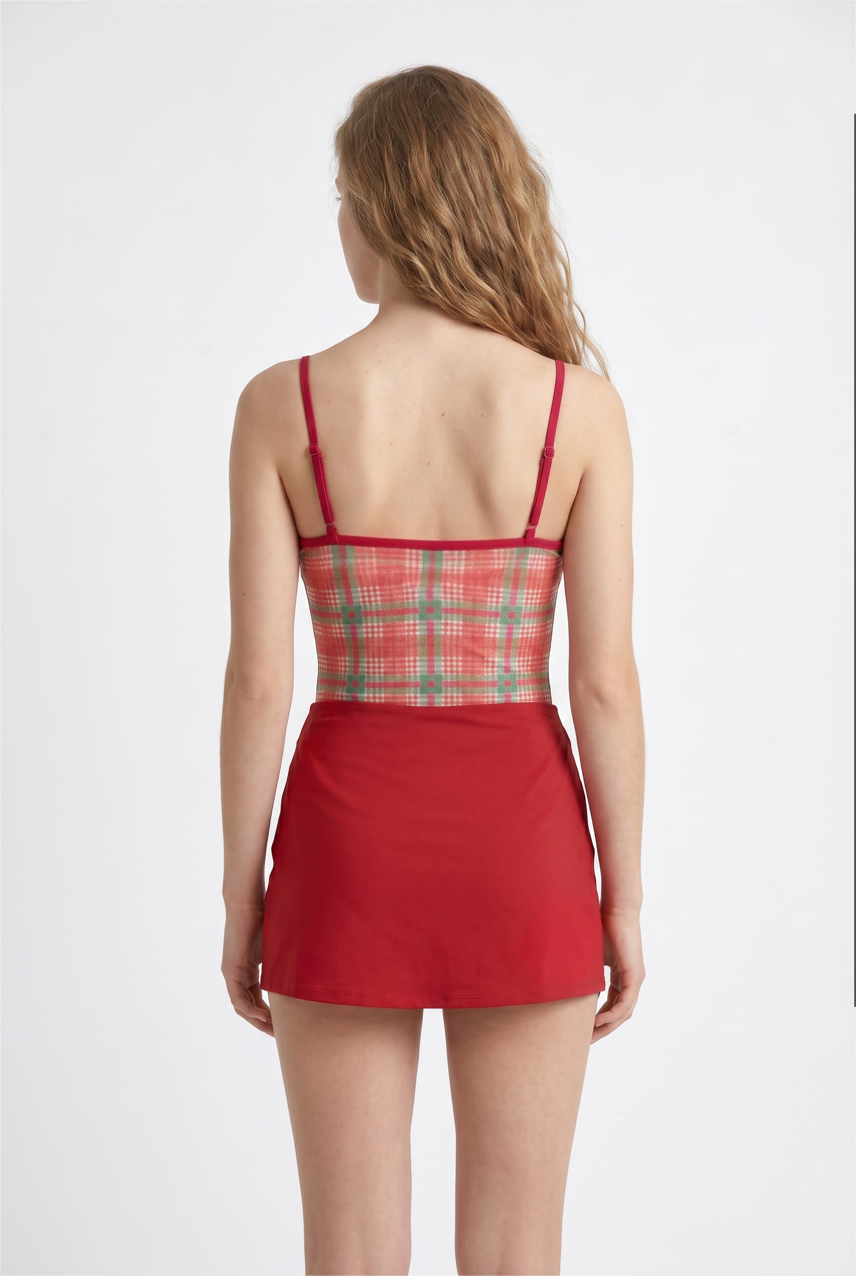 Coral Plaid Cami Bodysuit Red Trim