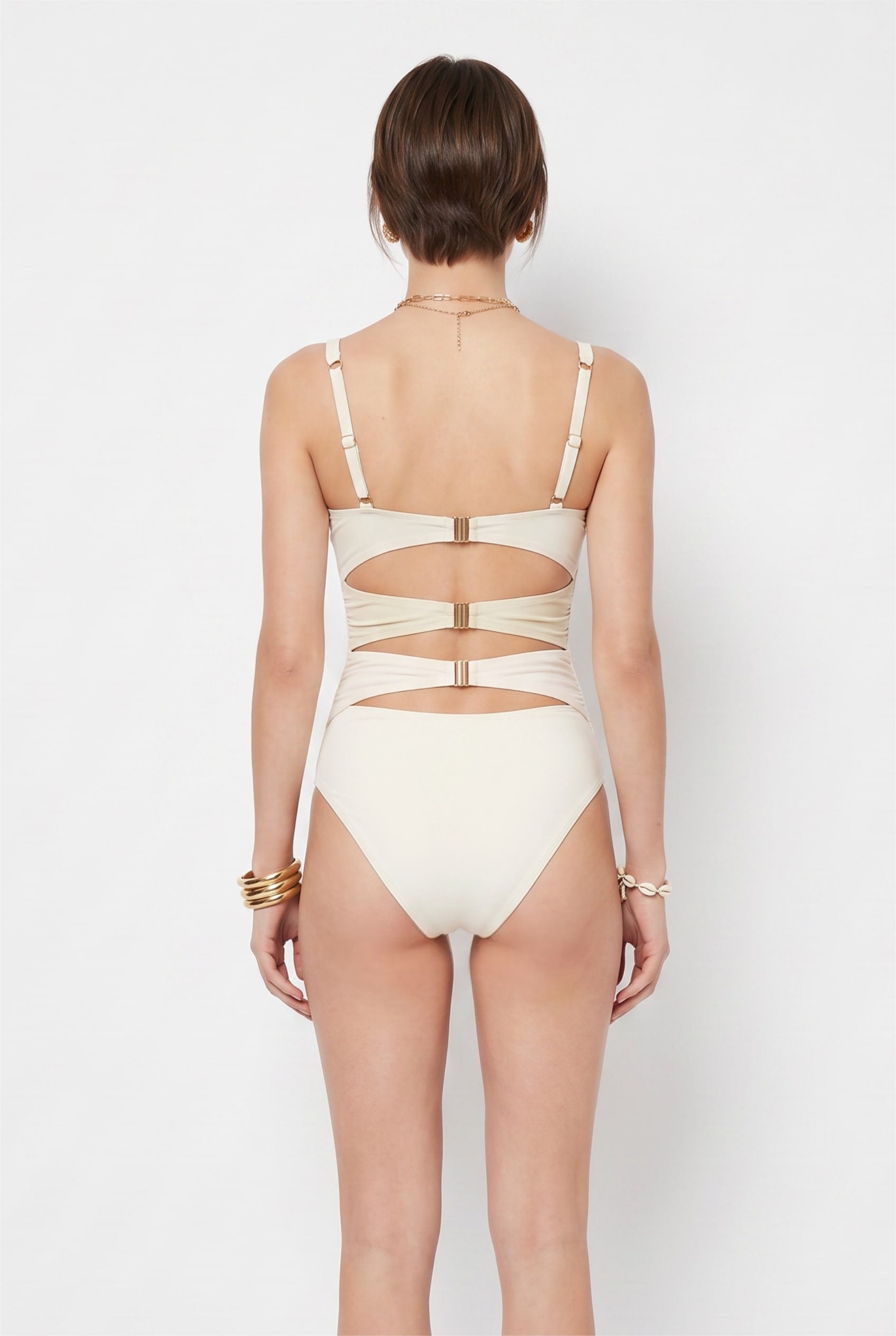Ivory Ruched Cutout Swimsuit With Buckles