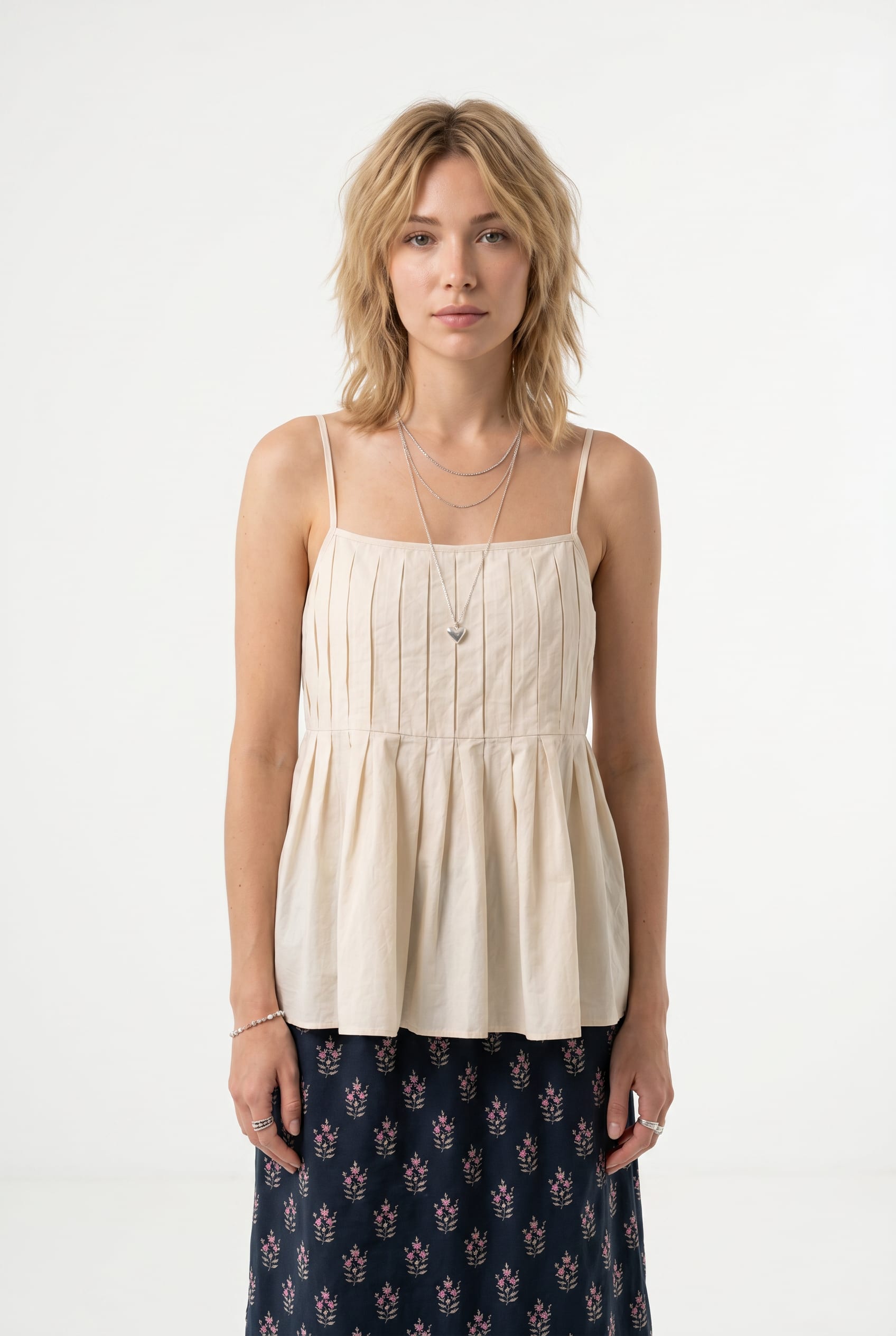 Cream Pintuck Pleated Babydoll Camisole Top