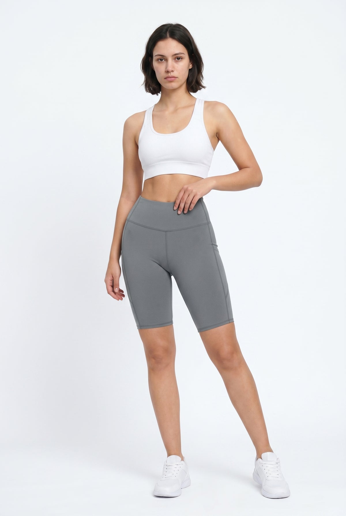 Gray Nylon High-Waist Biker Shorts