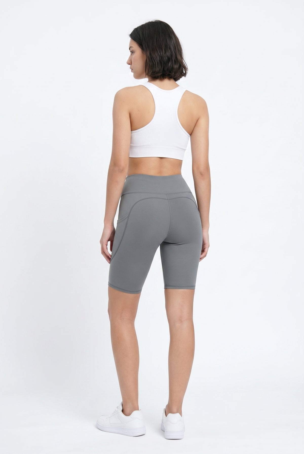 Gray Nylon High-Waist Biker Shorts