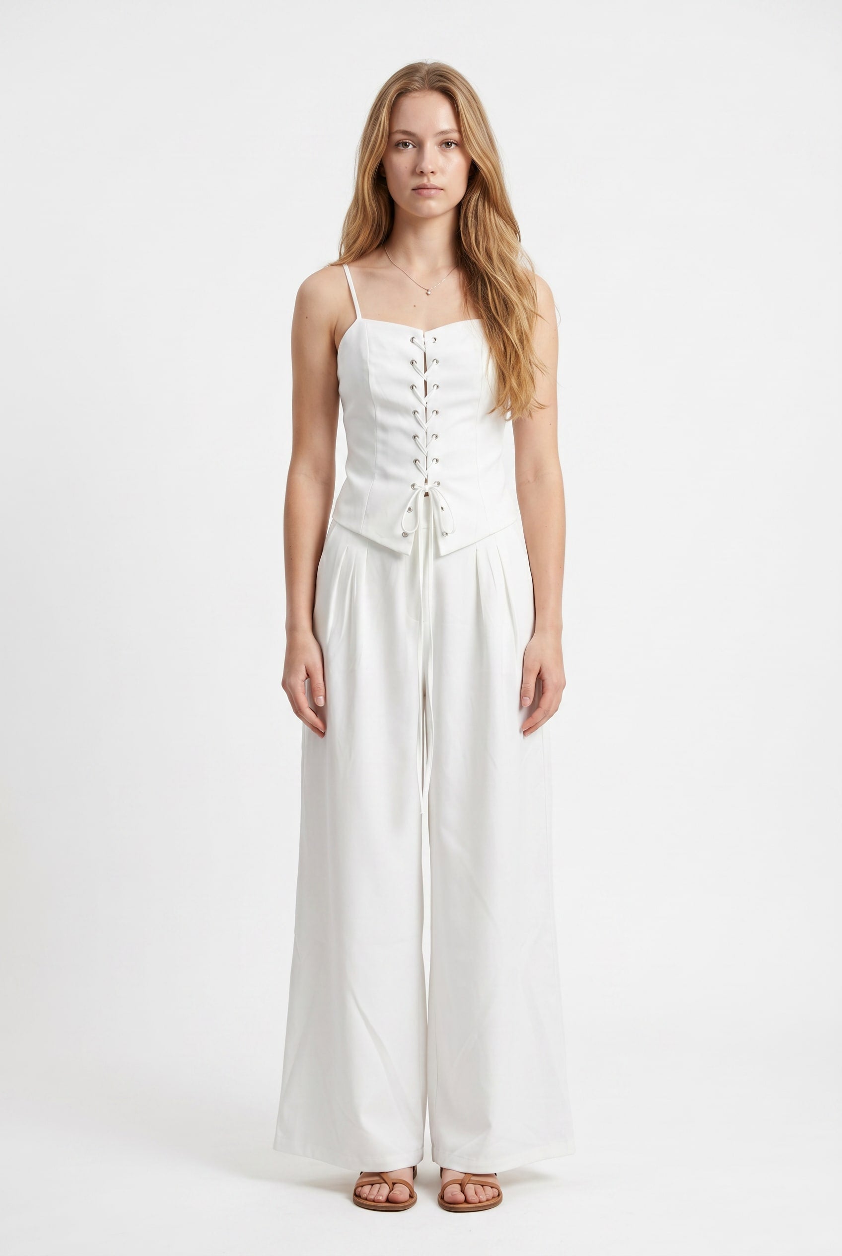 White Corset Lace-Up Wide Leg Jumpsuit