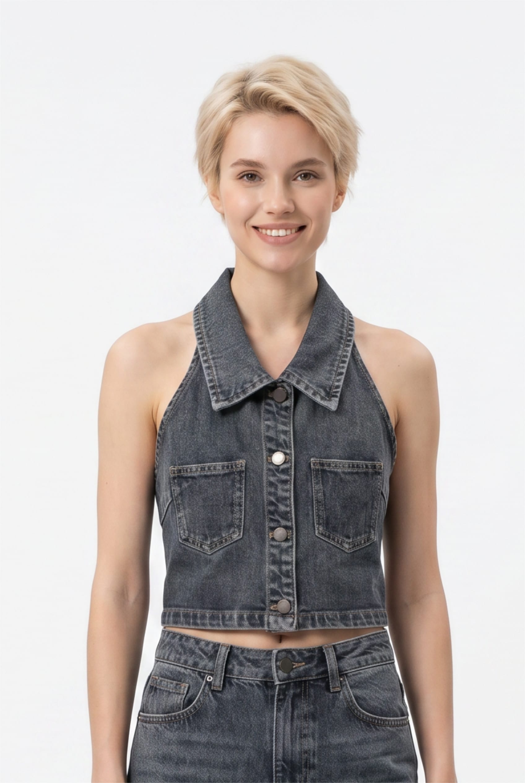 Charcoal Denim Halter Neck Crop Top