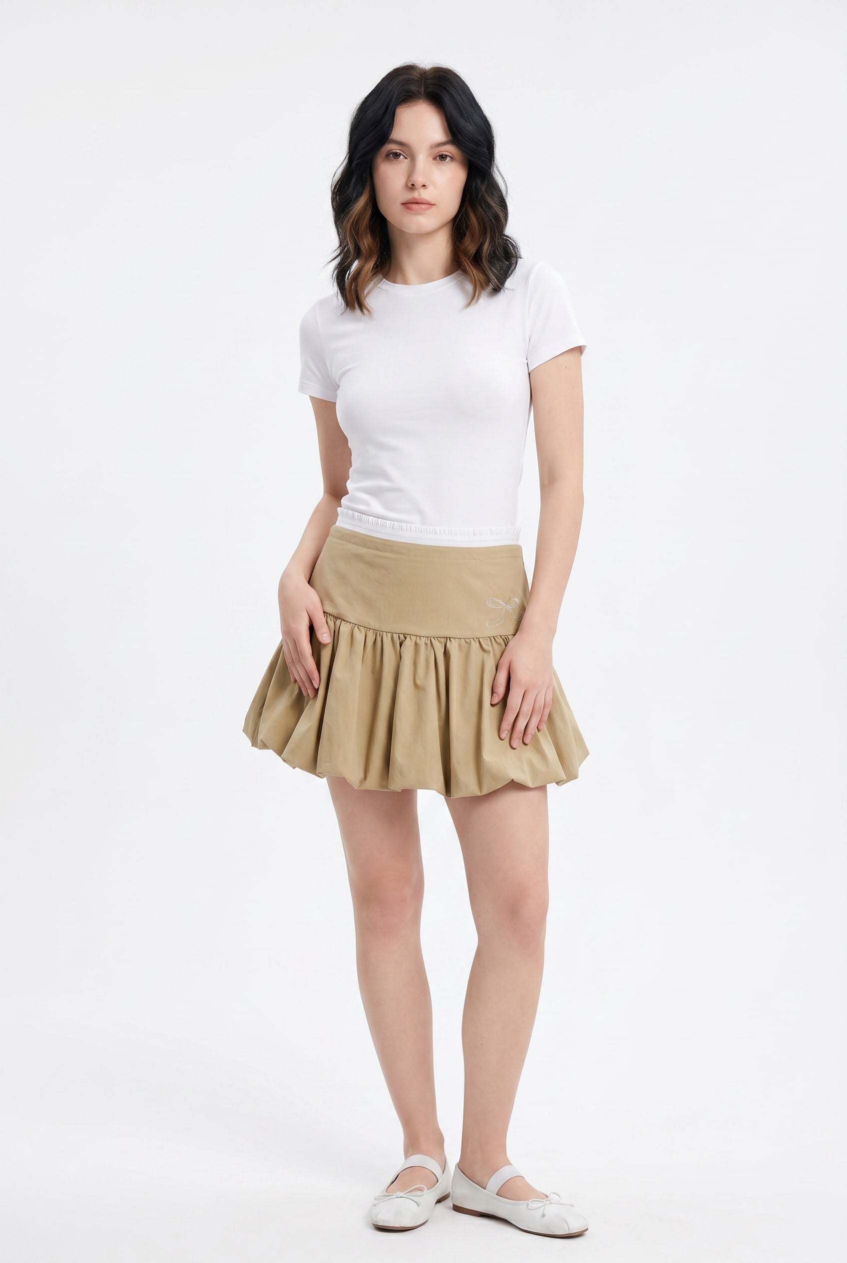 Beige Gathered Drop Waist Mini Skirt
