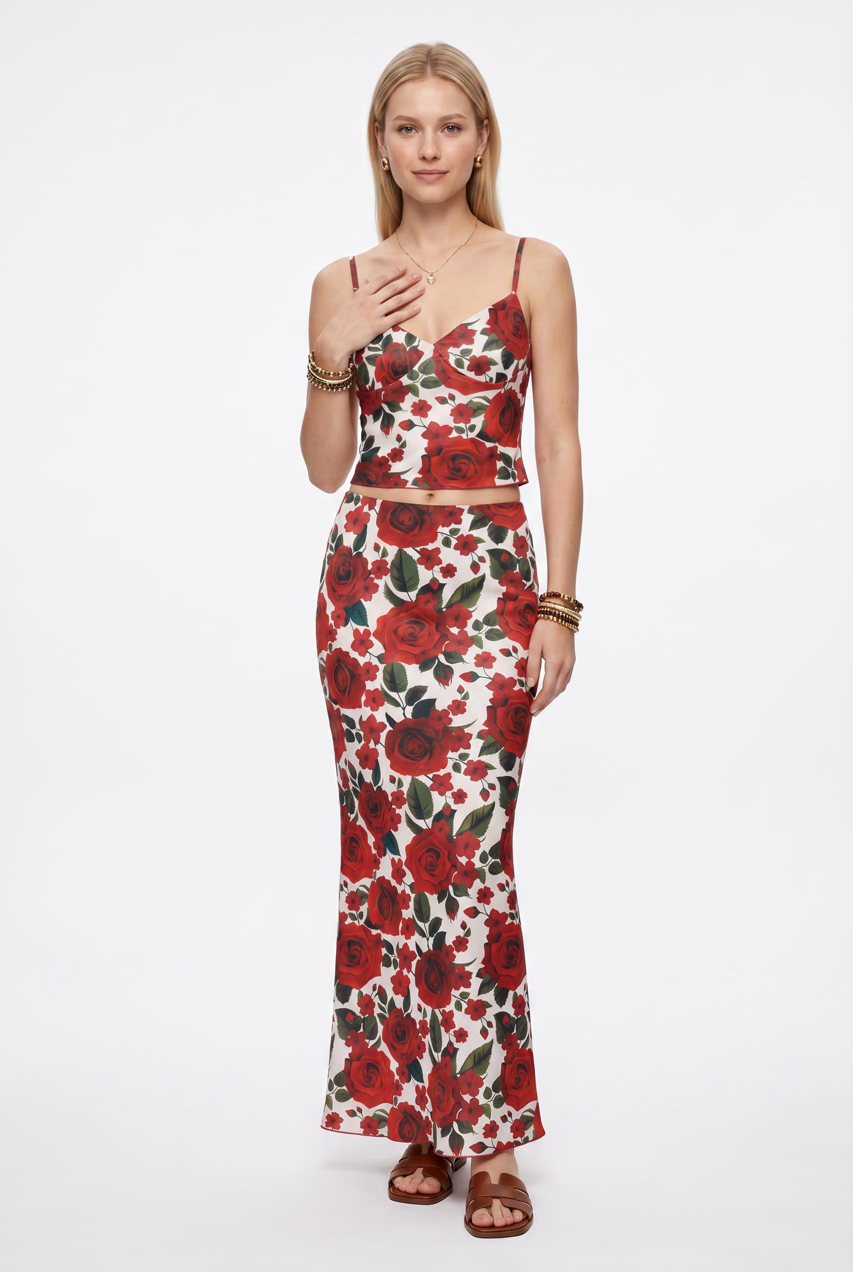 Red Rose Print Crop Two Piece Set