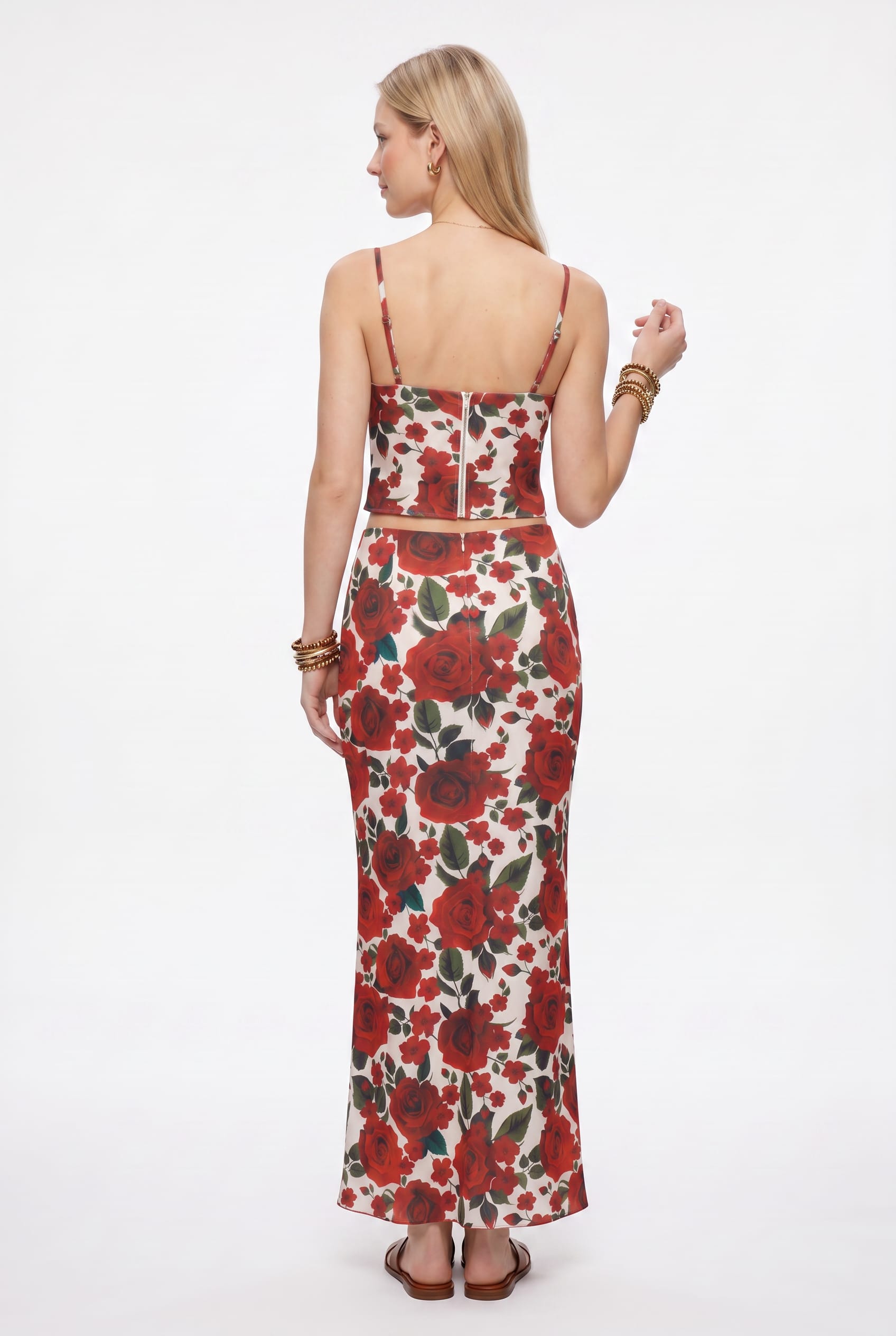 Red Rose Print Crop Two Piece Set