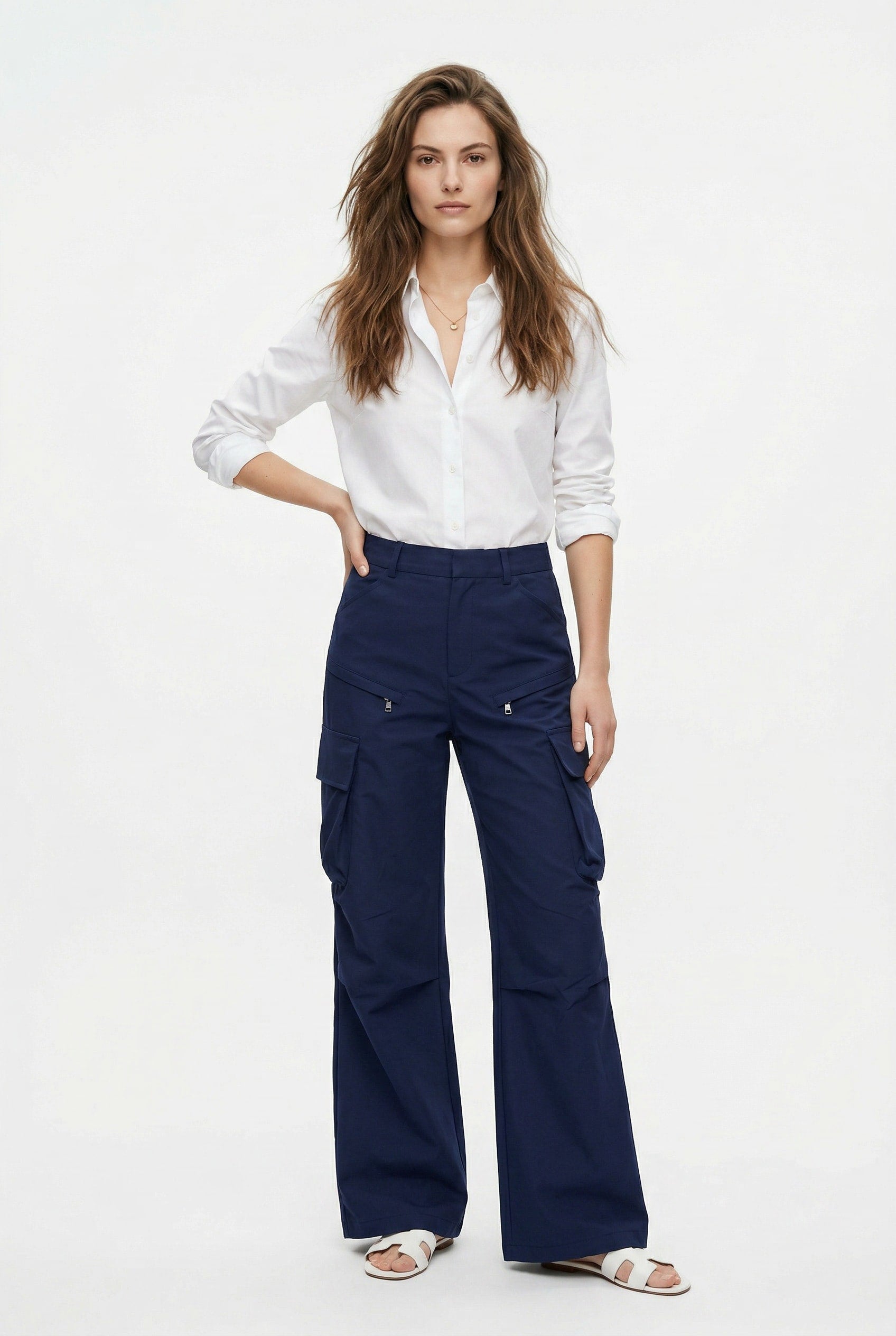 Navy Wide Leg Cargo Trousers