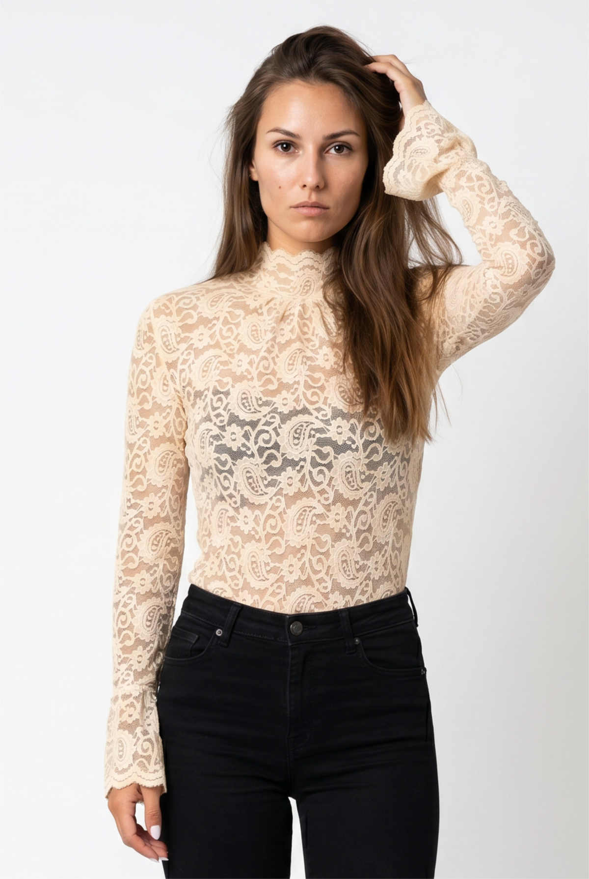 Beige Lace Mock Neck Top