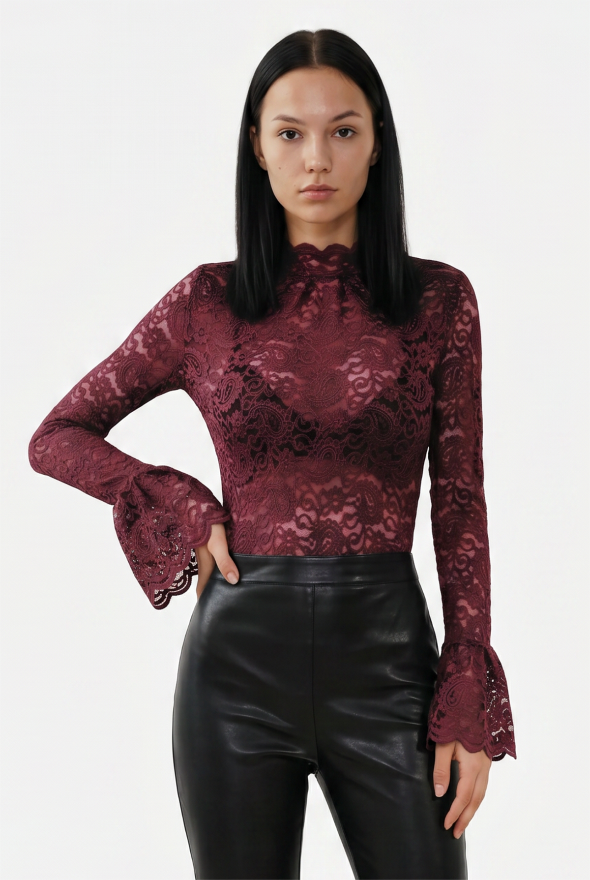 Burgundy Lace Bell Sleeve Blouse
