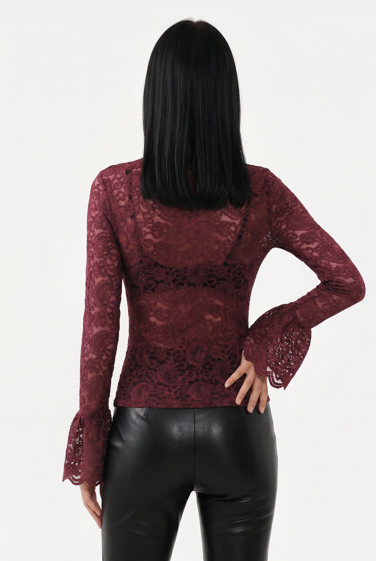 Burgundy Lace Bell Sleeve Blouse