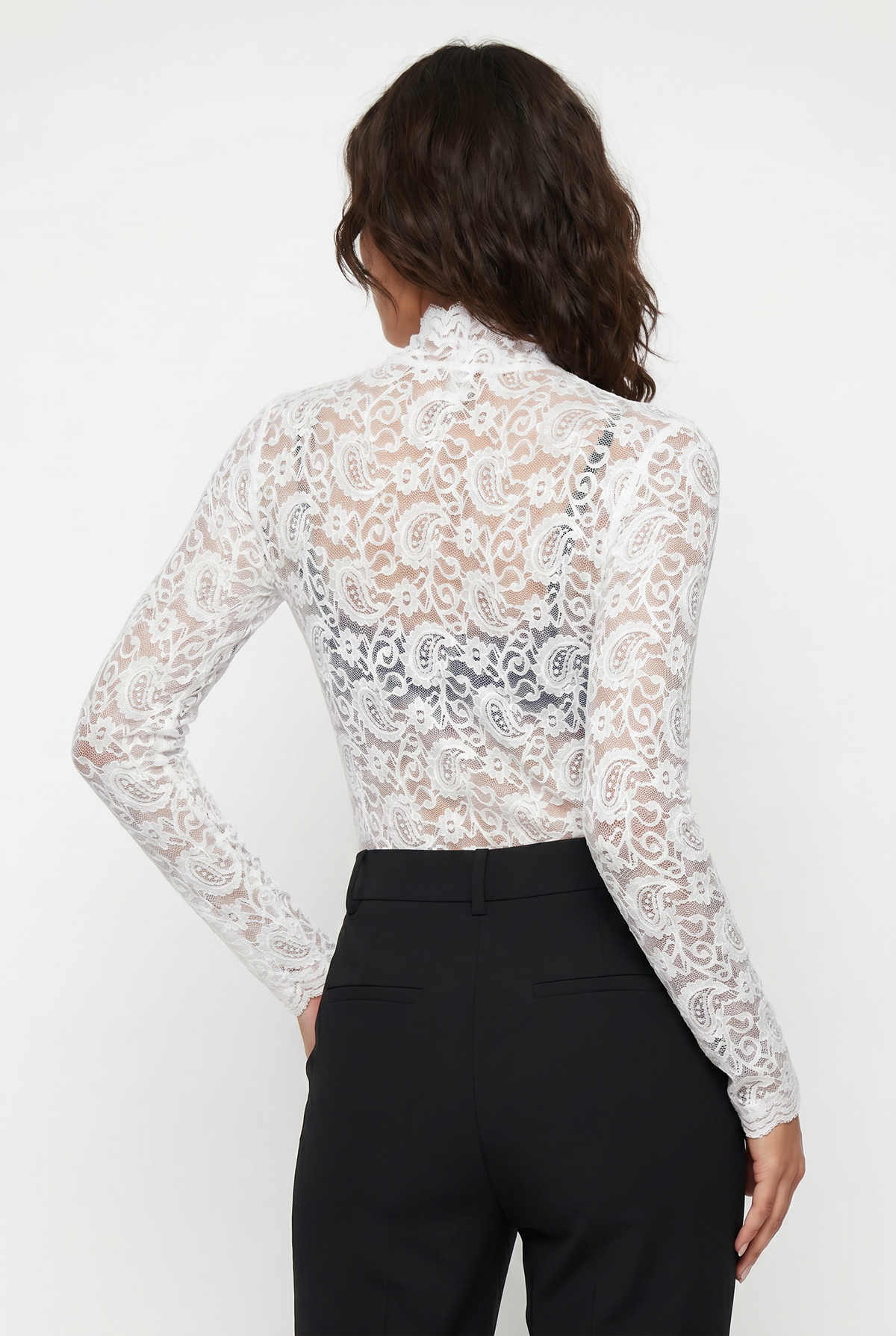 White Lace Turtleneck Sheer Top