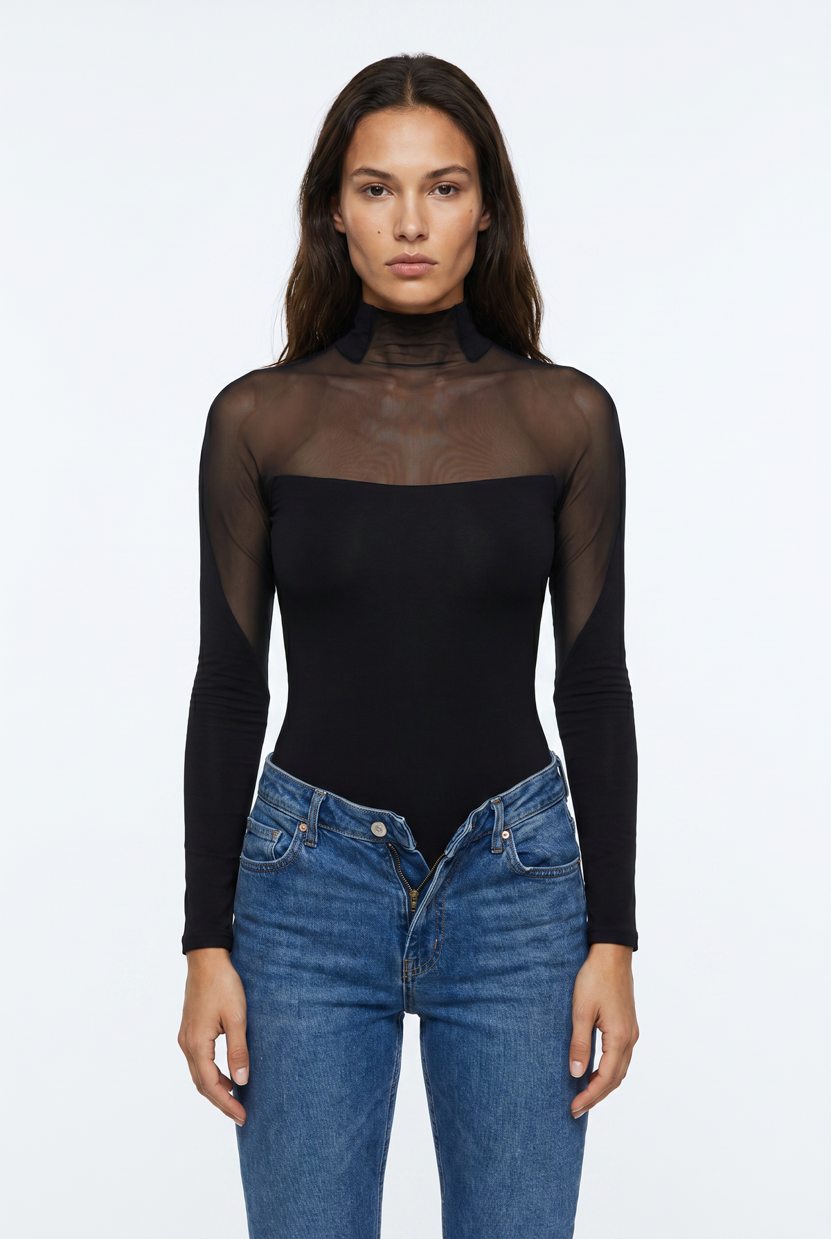 Black Mesh Panel Turtleneck Bodysuit