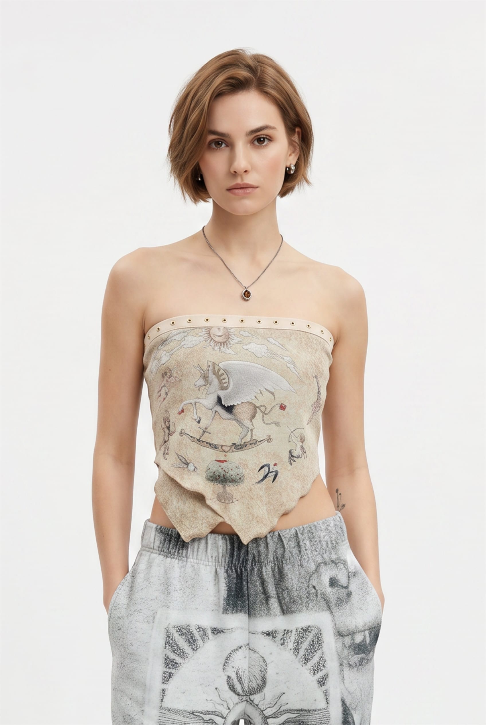 Beige Studded Fantasy Print Tube Top