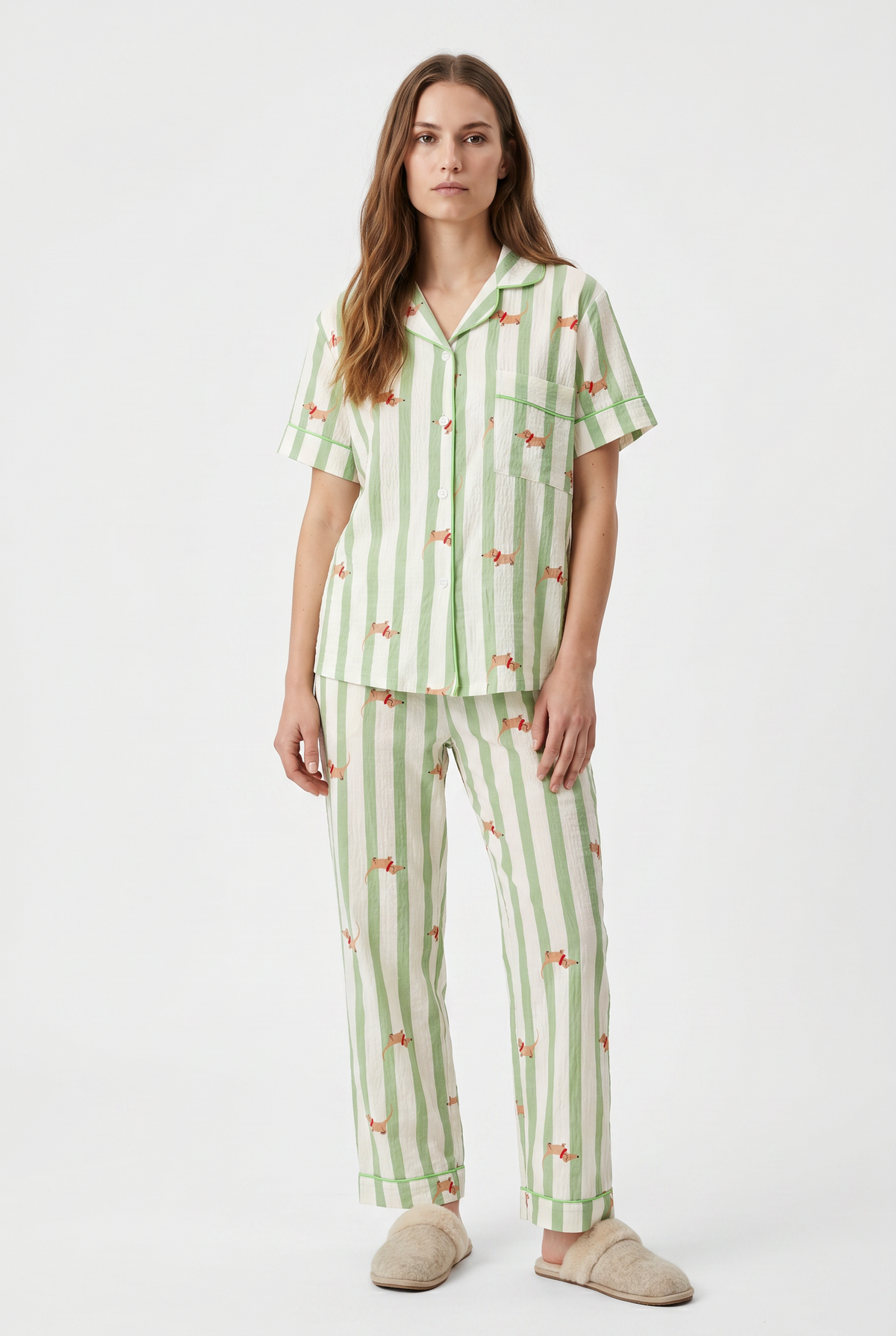 Green Striped Dachshund Cotton Pyjama Set