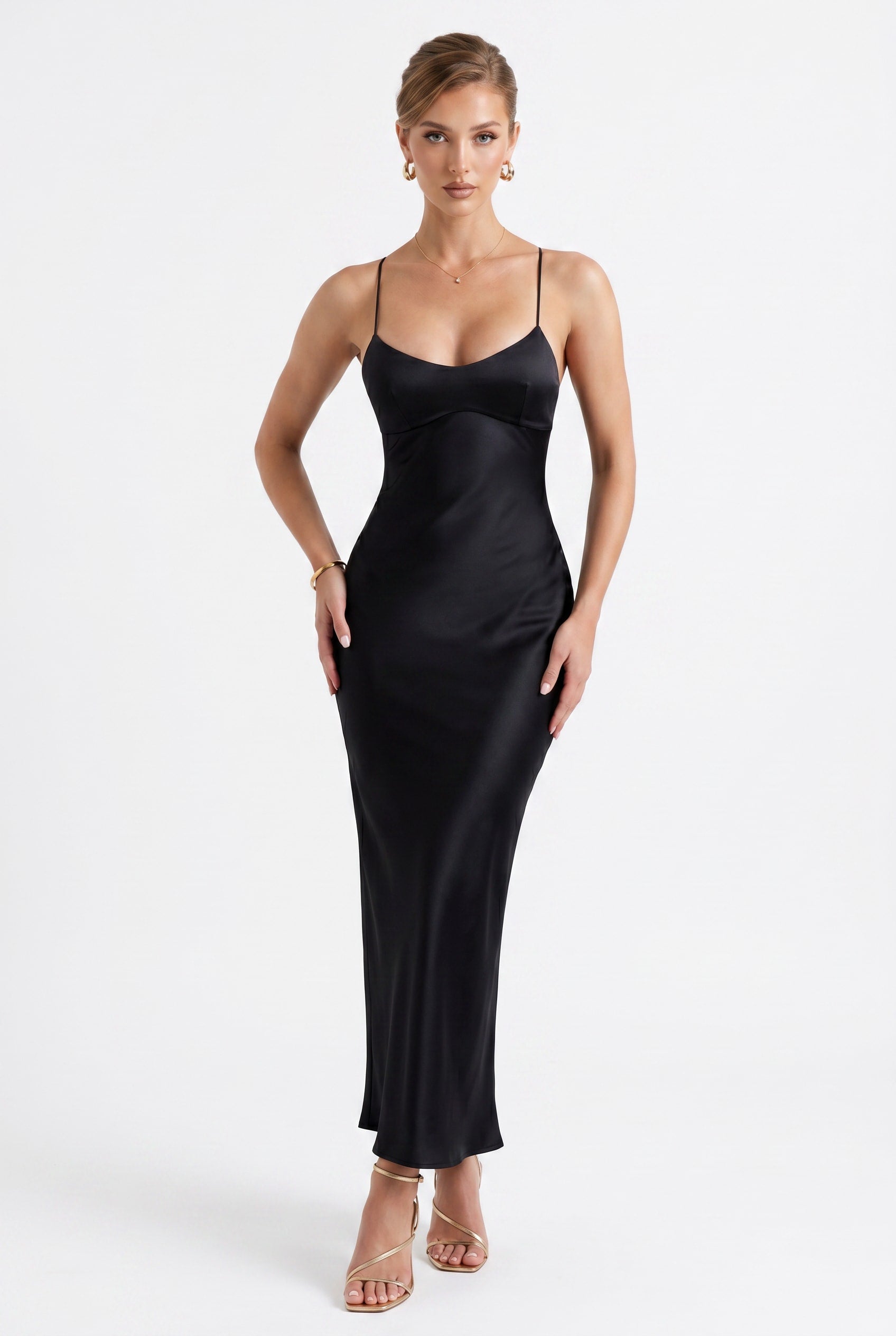 Black Satin Slip Midi Dress