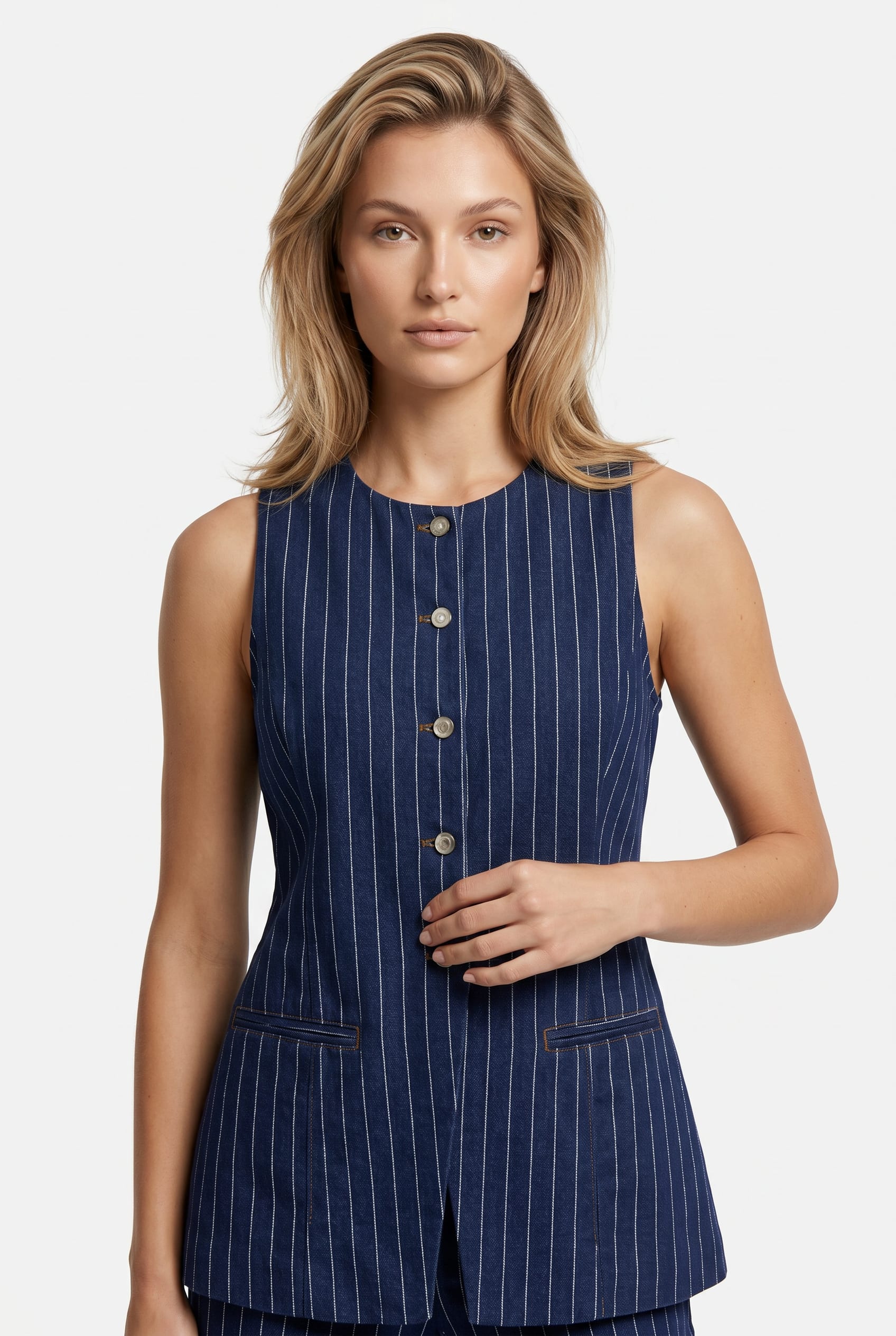 Navy Pinstripe Sleeveless Button-Front Top